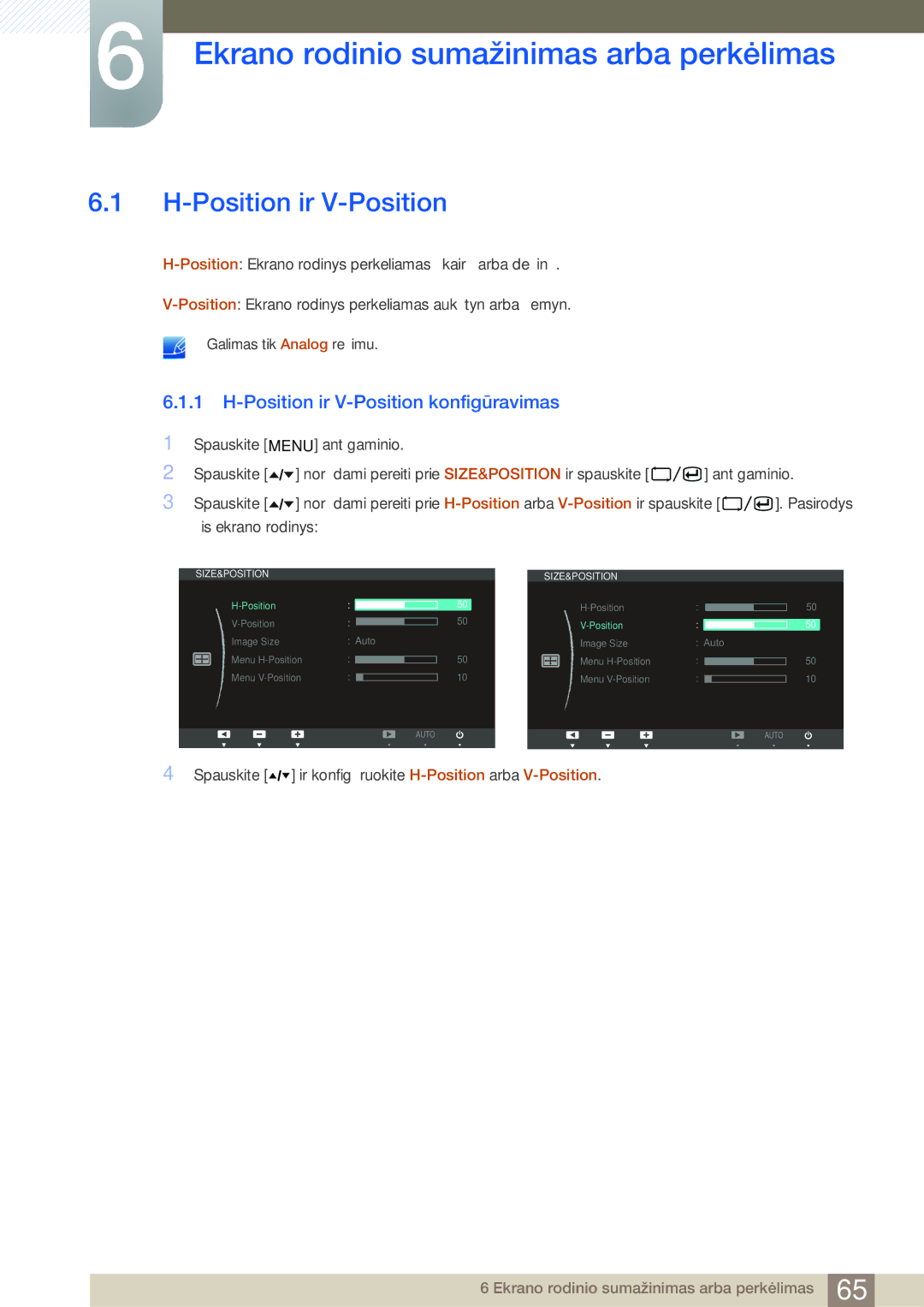 Samsung LF22TOWHBDN/EN manual Ekrano rodinio sumažinimas arba perkėlimas, Position ir V-Position 