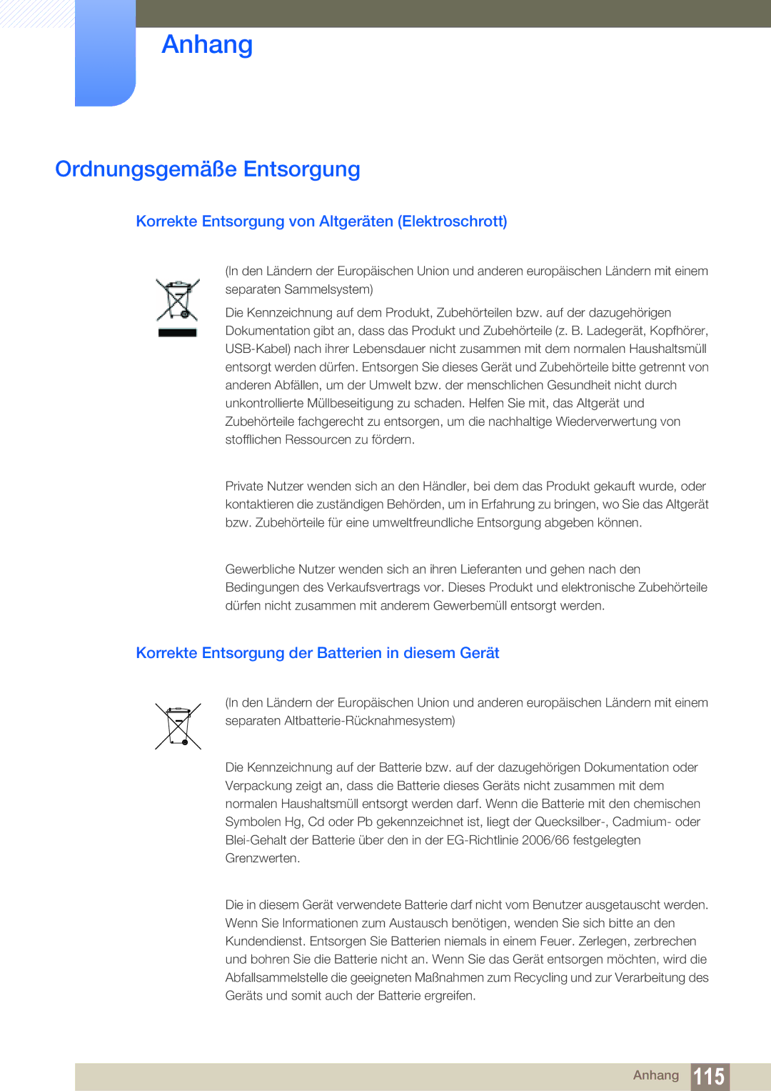 Samsung LF22TSCTBAN/EN manual Ordnungsgemäße Entsorgung, Korrekte Entsorgung von Altgeräten Elektroschrott 