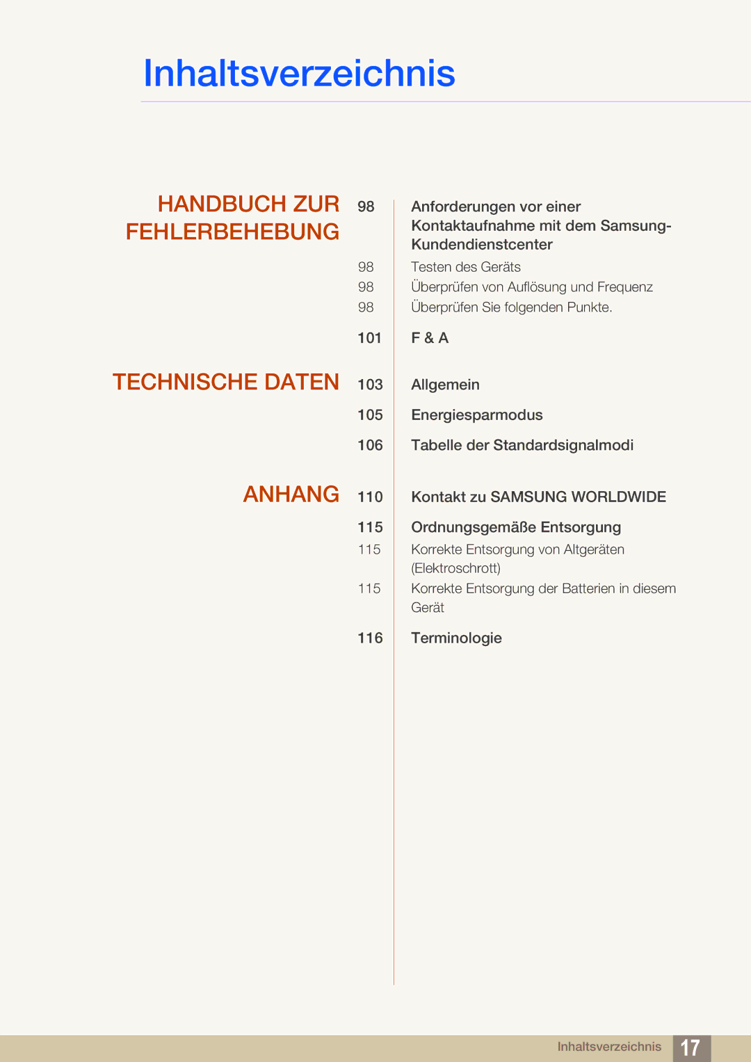 Samsung LF22TSCTBAN/EN manual Handbuch ZUR 98 Fehlerbehebung 