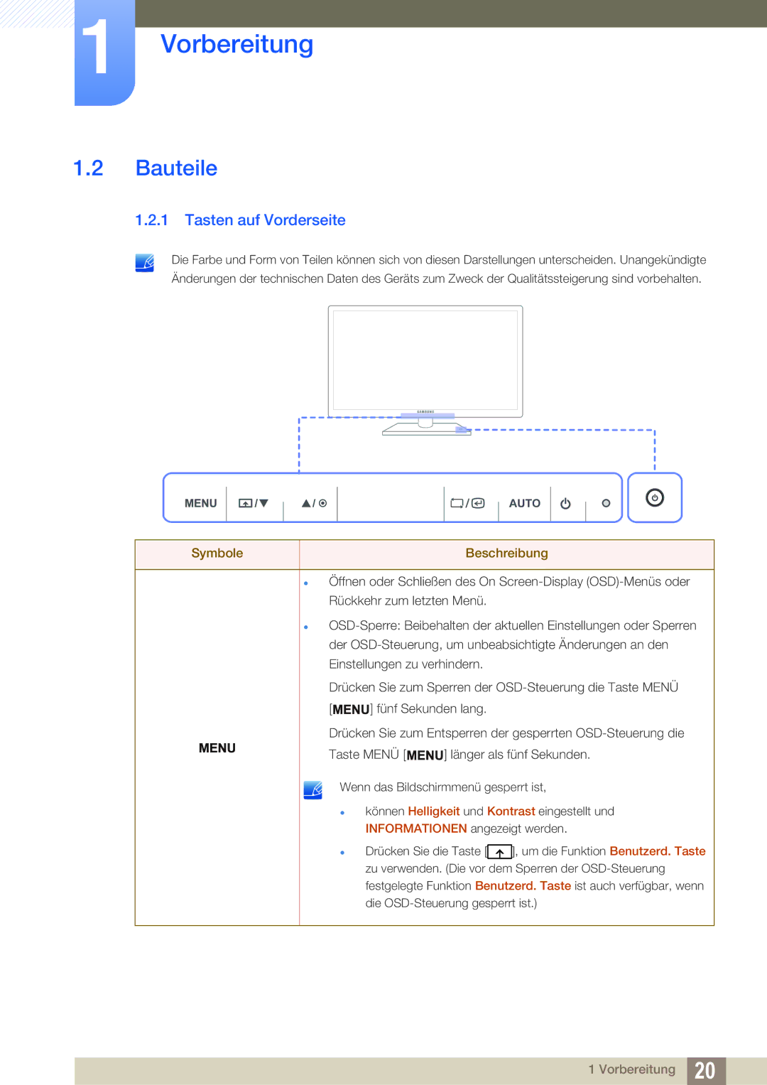 Samsung LF22TSCTBAN/EN manual Bauteile, Tasten auf Vorderseite 