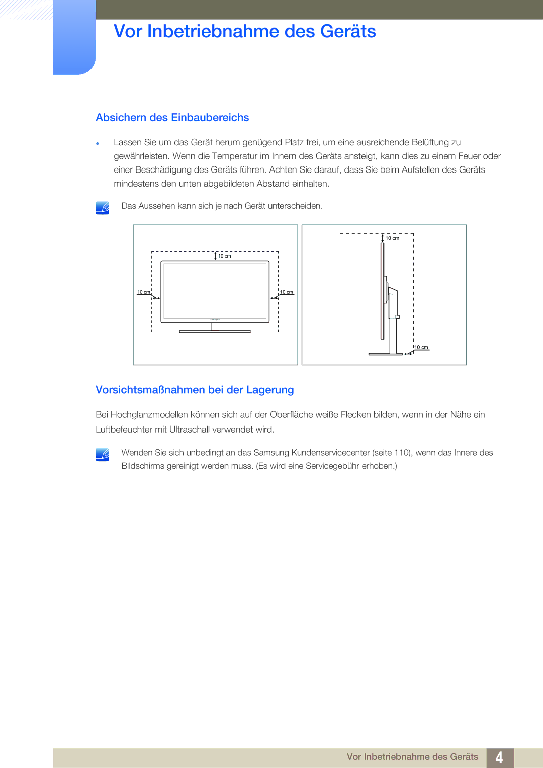 Samsung LF22TSCTBAN/EN manual Absichern des Einbaubereichs, Vorsichtsmaßnahmen bei der Lagerung 