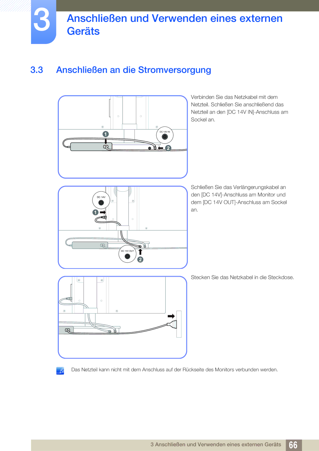 Samsung LF22TSCTBAN/EN manual Anschließen an die Stromversorgung 