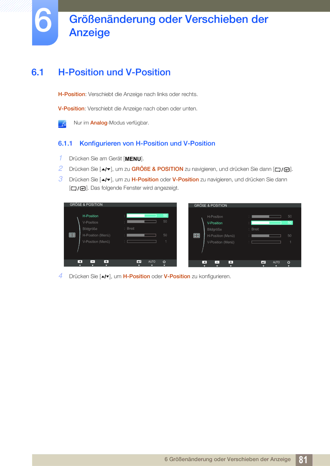 Samsung LF22TSCTBAN/EN manual GrößenänderungAnzeige oder Verschieben der, Position und V-Position 