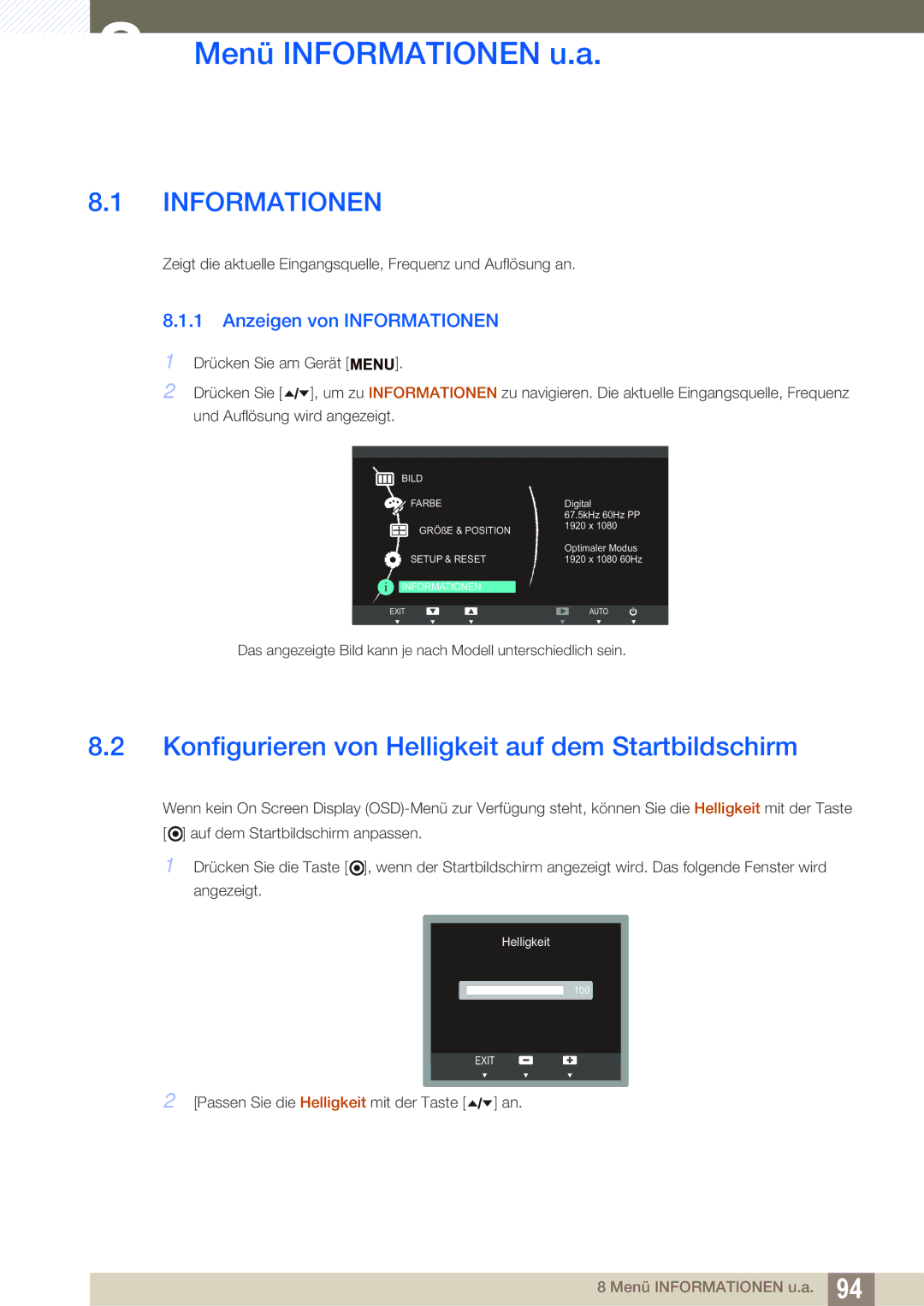 Samsung LF22TSCTBAN/EN manual Menü Informationen u.a, Konfigurieren von Helligkeit auf dem Startbildschirm 