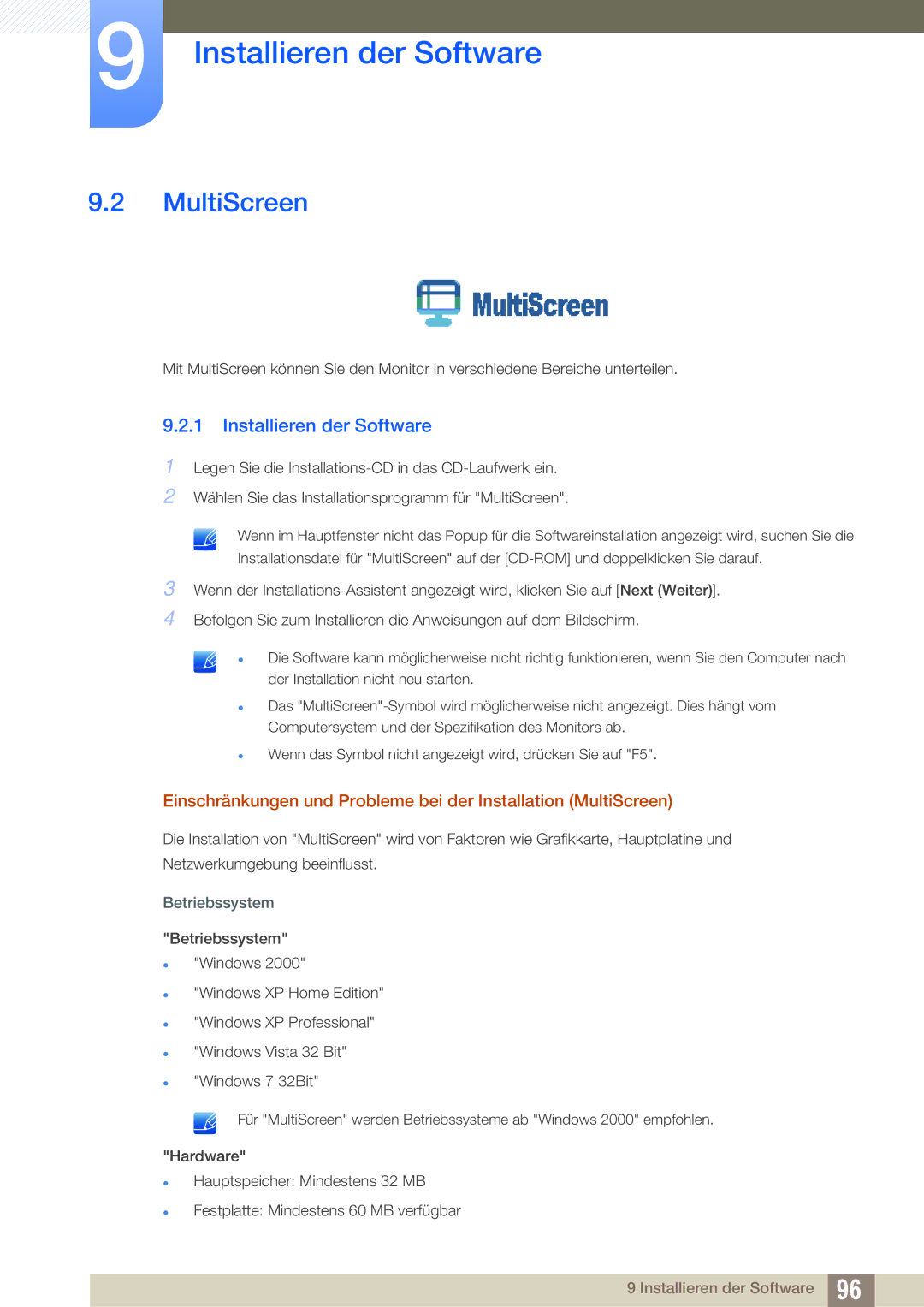 Samsung LF22TSCTBAN/EN manual MultiScreen, Installieren der Software 