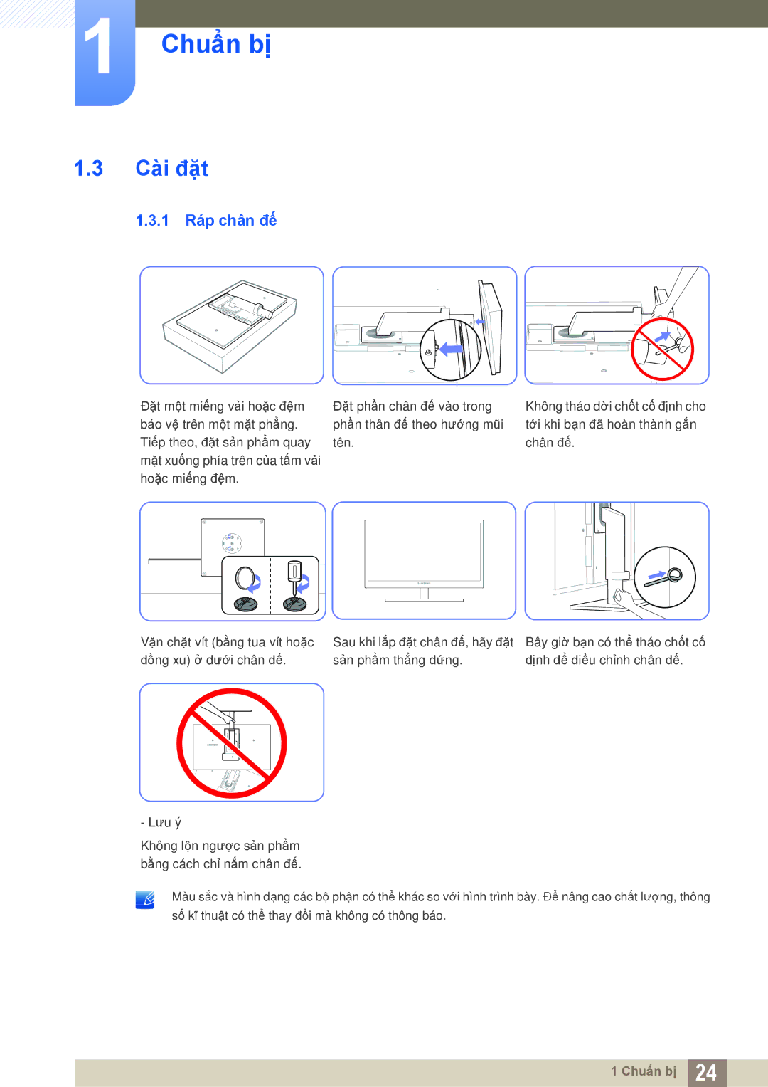 Samsung LF22TSWTBDN/XY, LF22TSWTBDN/XS, LF19TSWTBDN/XS, LF24TSWTBDN/XY manual Cài đặt, 1 Ráp chân đế 