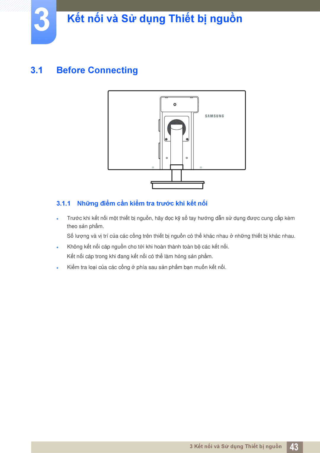 Samsung LF24TSWTBDN/XY Kết nối và Sử dụng Thiết bị nguồn, Before Connecting, 1 Những điểm cần kiểm tra trước khi kết nối 