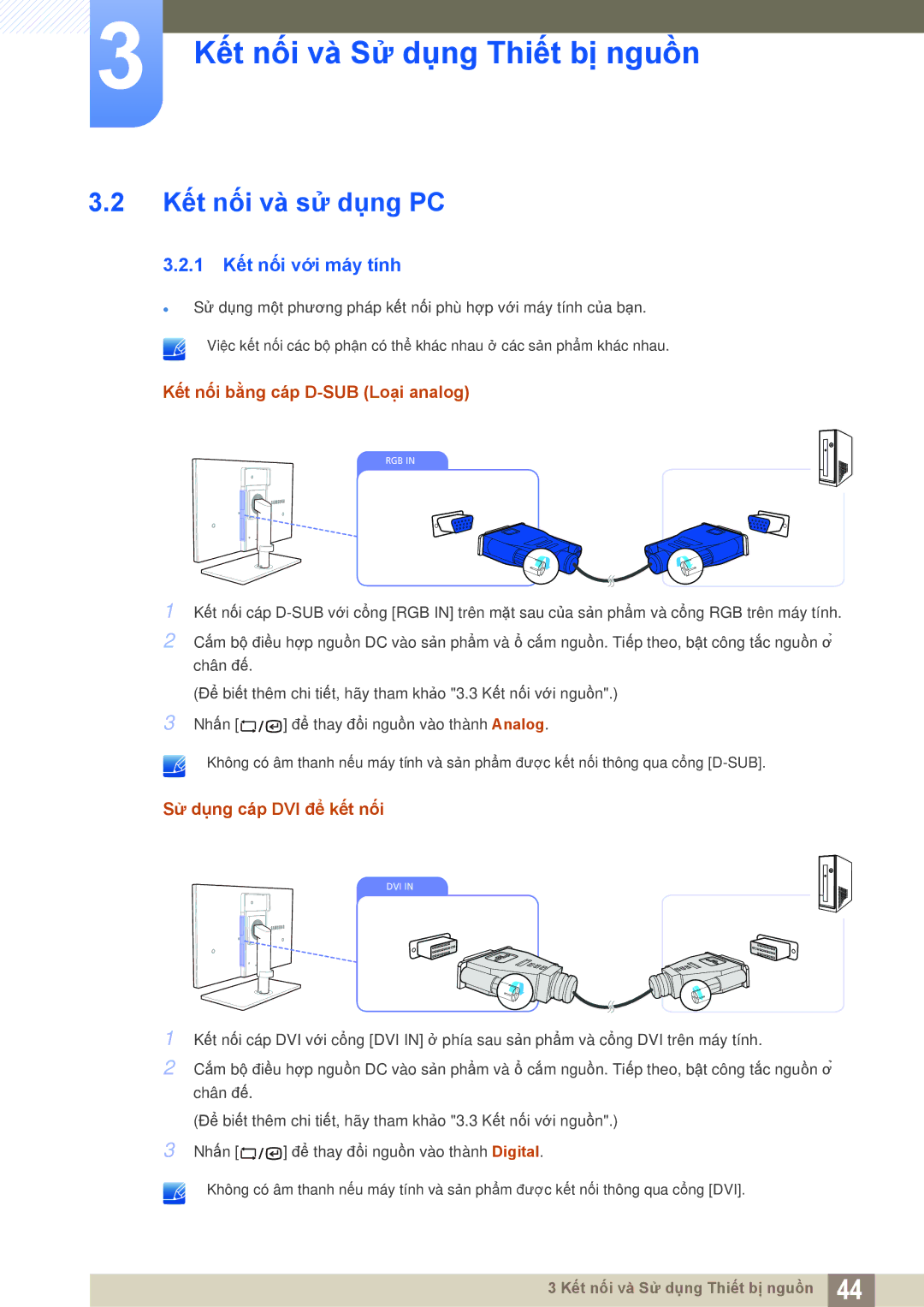 Samsung LF22TSWTBDN/XY, LF22TSWTBDN/XS Kết nối và sử dụng PC, 1 Kết nối với máy tính, Kết nối bằng cáp D-SUB Loại analog 