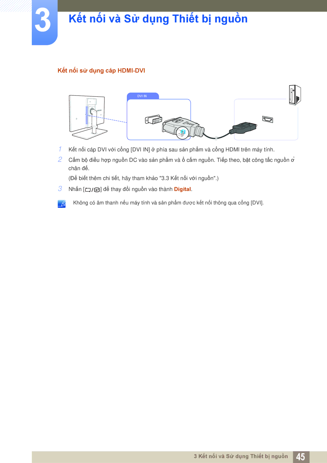 Samsung LF22TSWTBDN/XS, LF22TSWTBDN/XY, LF19TSWTBDN/XS, LF24TSWTBDN/XY manual Kết nối sử dụng cáp HDMI-DVI 