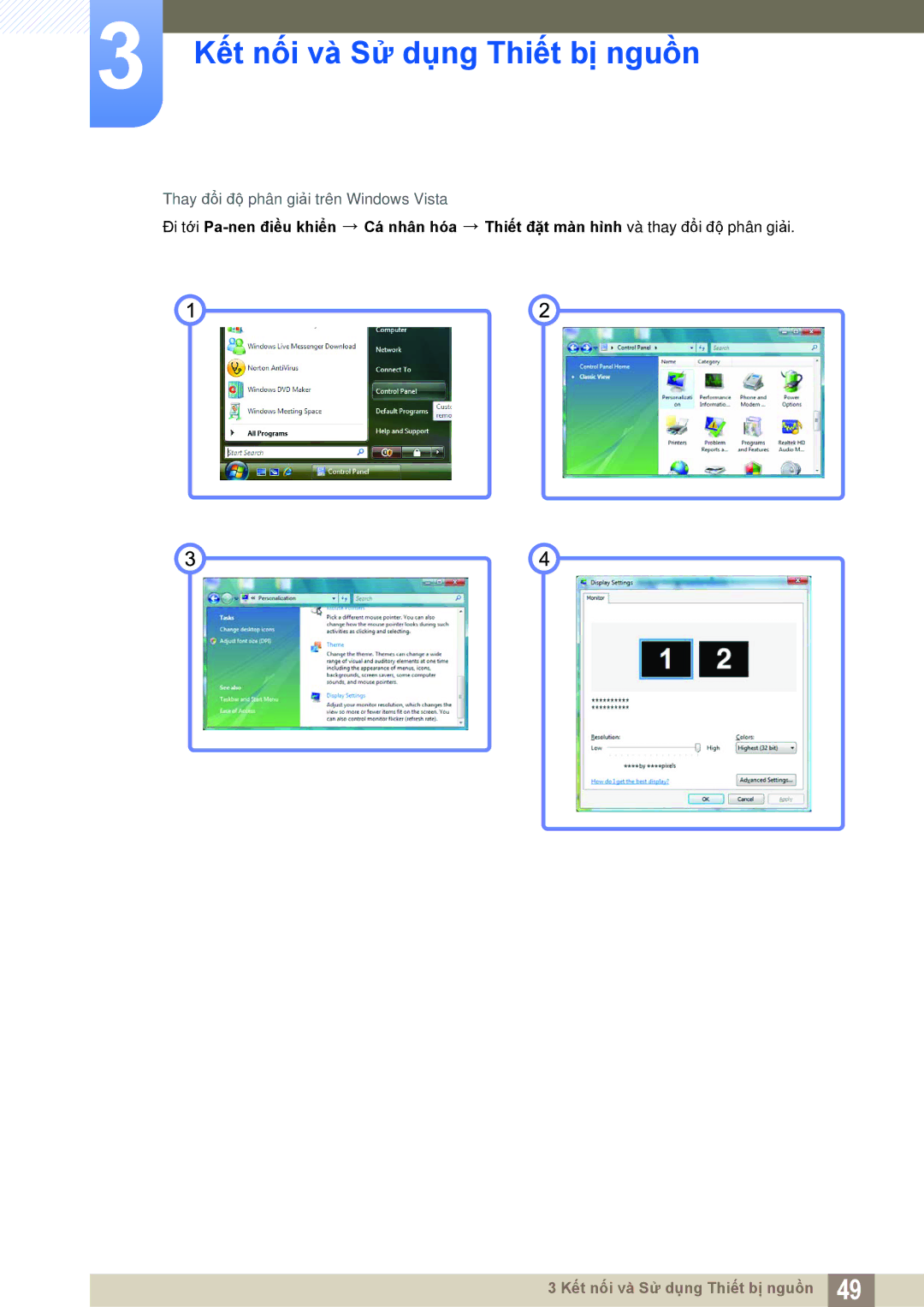 Samsung LF22TSWTBDN/XS, LF22TSWTBDN/XY, LF19TSWTBDN/XS, LF24TSWTBDN/XY manual Thay đổi độ phân giải trên Windows Vista 