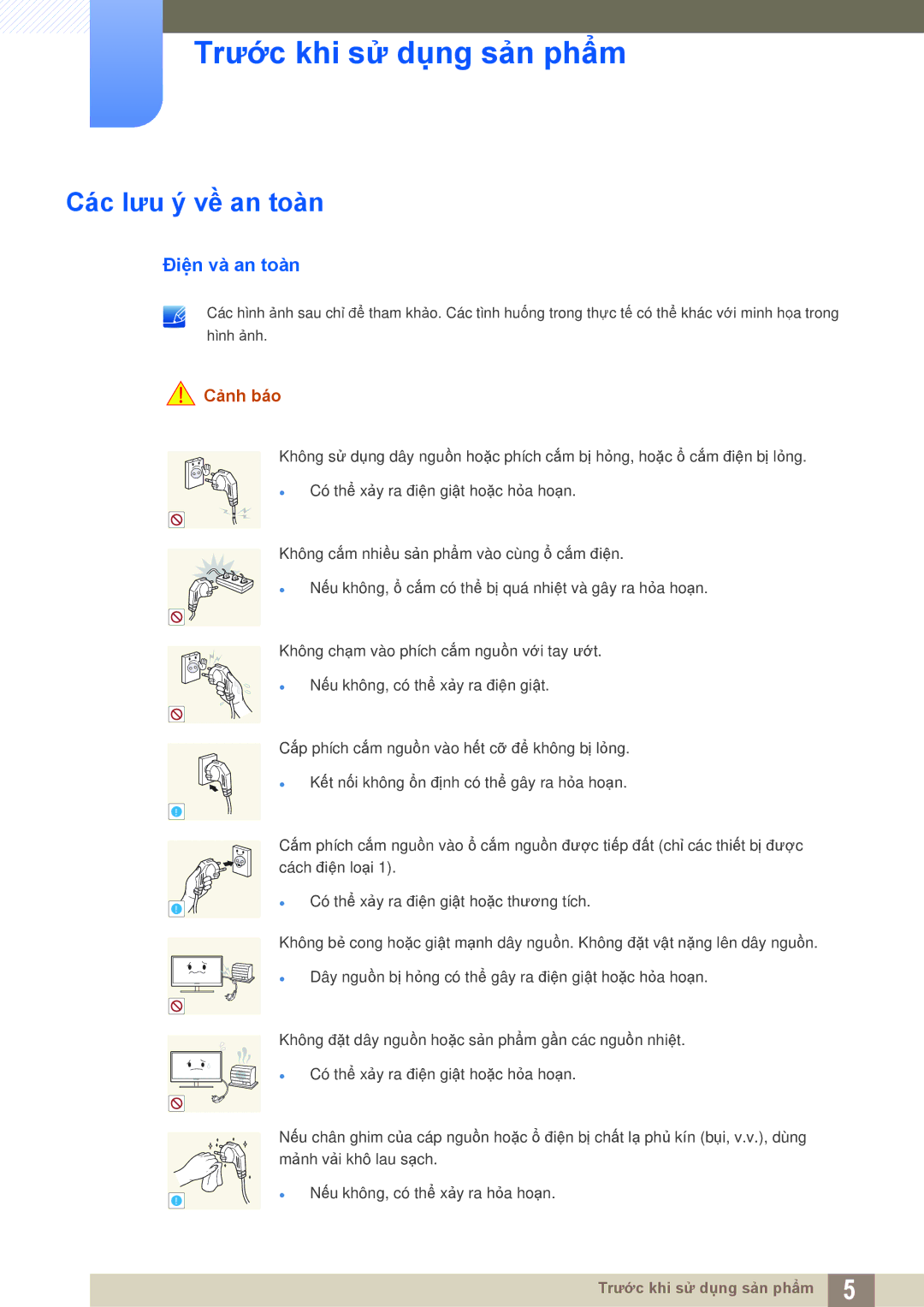 Samsung LF22TSWTBDN/XS, LF22TSWTBDN/XY, LF19TSWTBDN/XS, LF24TSWTBDN/XY manual Các lưu ý về an toàn, Điện và an toàn, Cảnh báo 