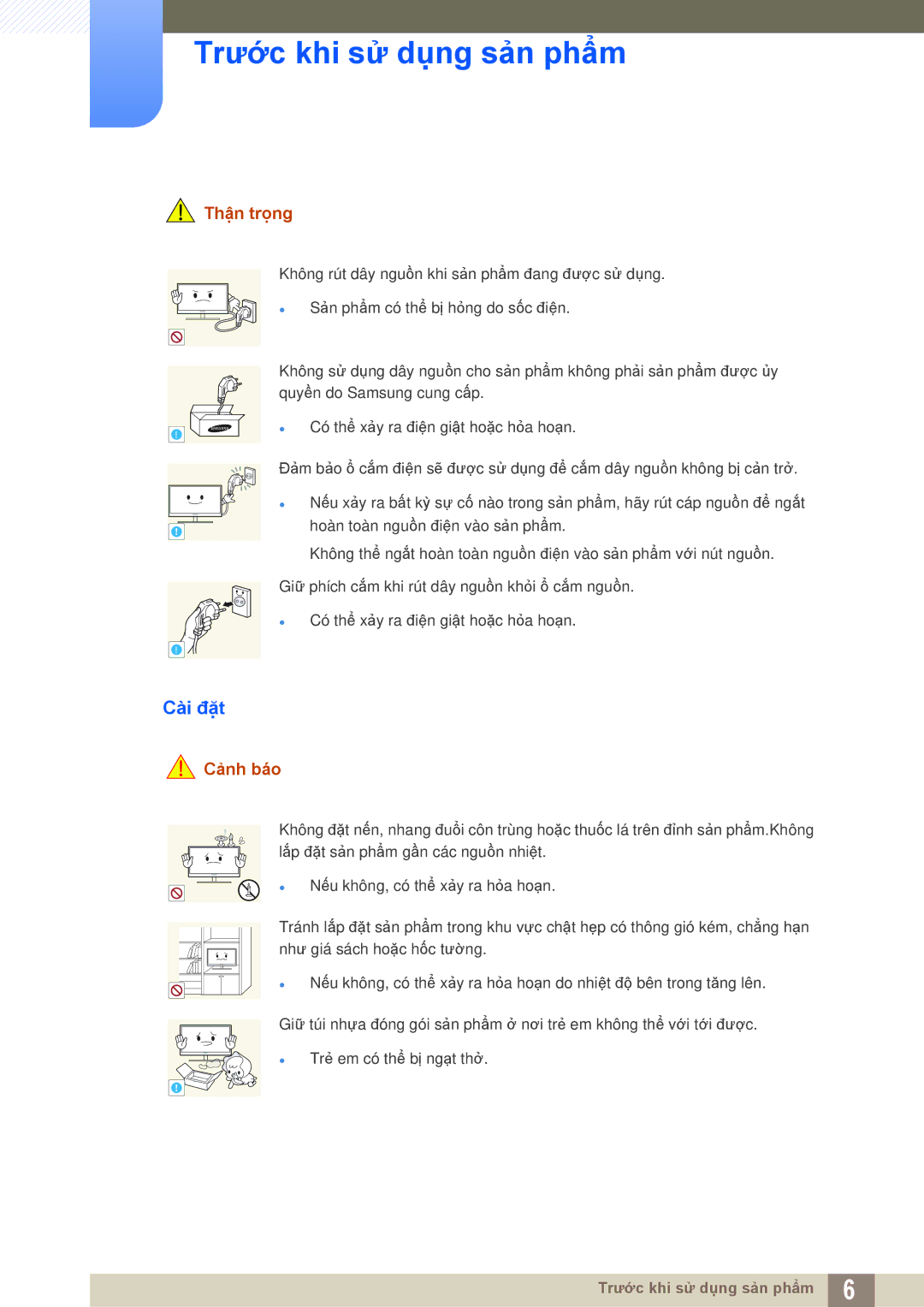 Samsung LF19TSWTBDN/XS, LF22TSWTBDN/XY, LF22TSWTBDN/XS, LF24TSWTBDN/XY manual Cài đặt, Thận trọng 