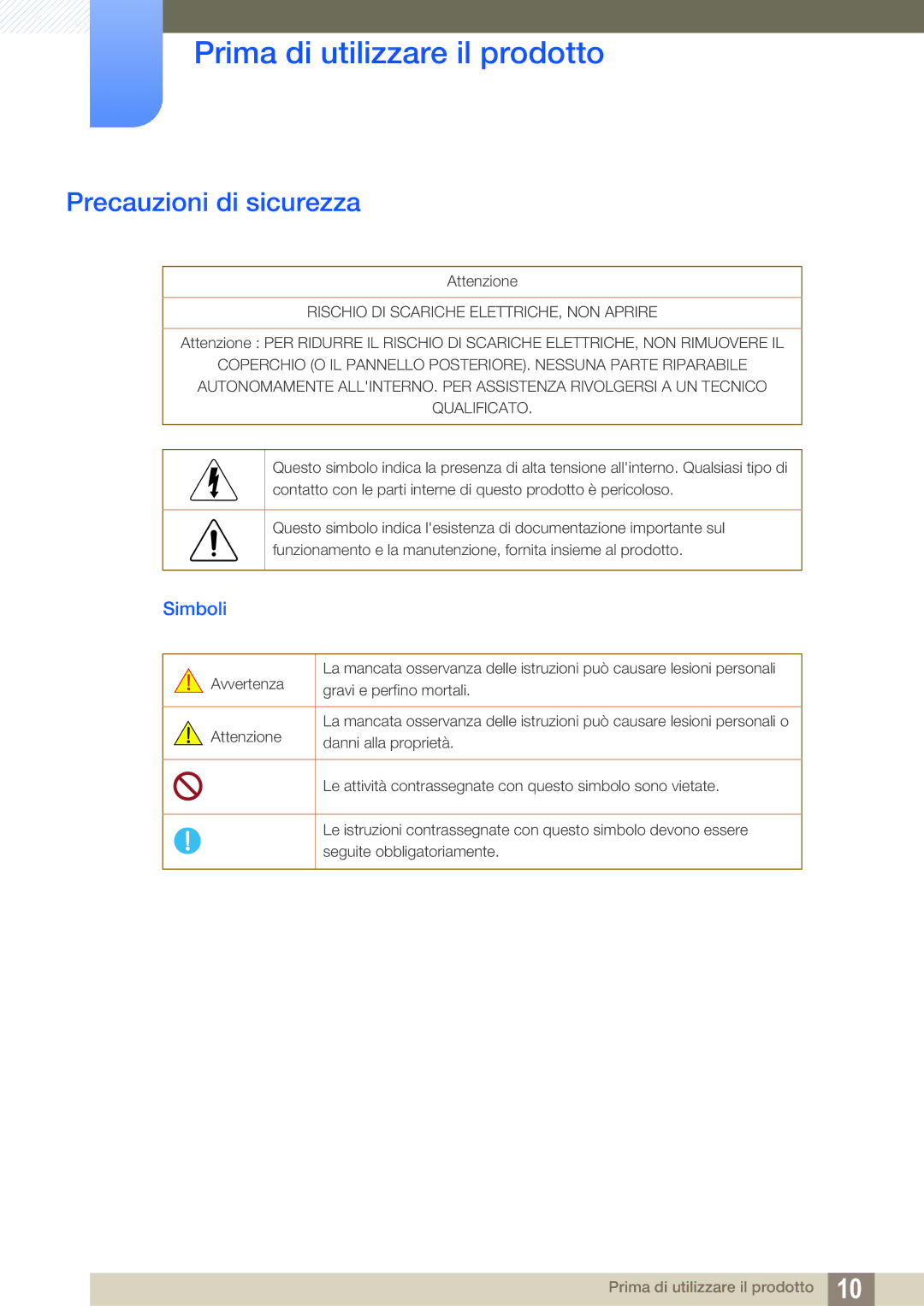 Samsung LF24FN1PFBZXEN, LF22FN1PFBZXEN manual Precauzioni di sicurezza, Simboli 