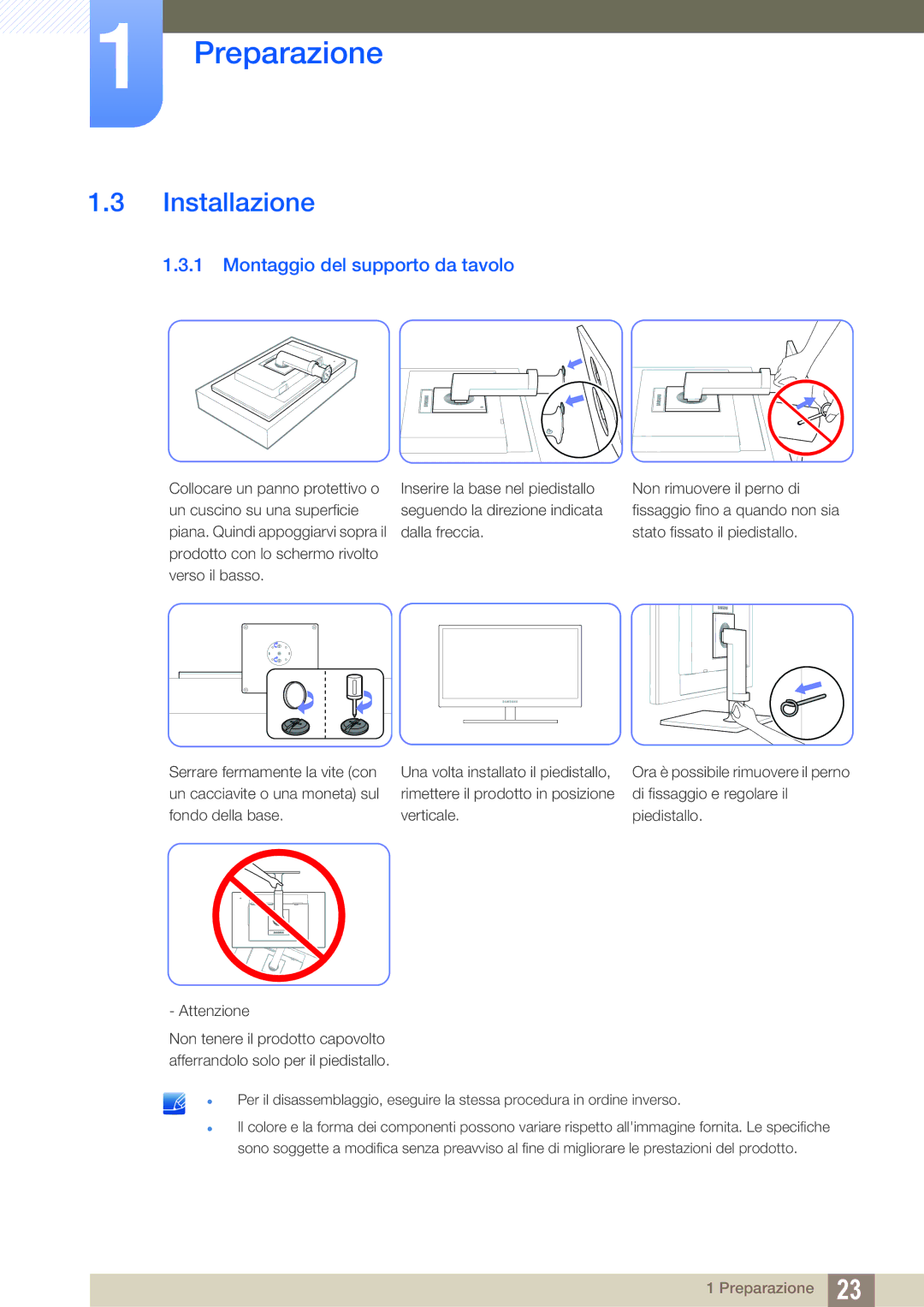 Samsung LF22FN1PFBZXEN, LF24FN1PFBZXEN manual Installazione, Montaggio del supporto da tavolo 