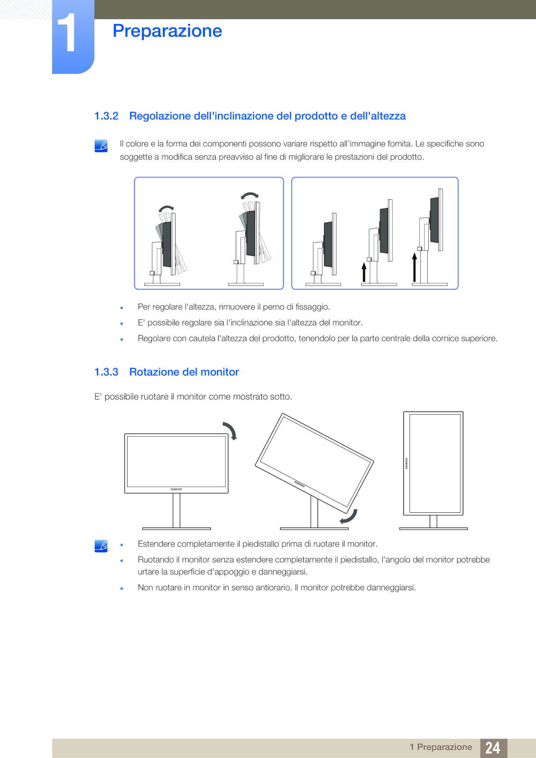 Samsung LF24FN1PFBZXEN, LF22FN1PFBZXEN manual Regolazione dellinclinazione del prodotto e dellaltezza, Rotazione del monitor 