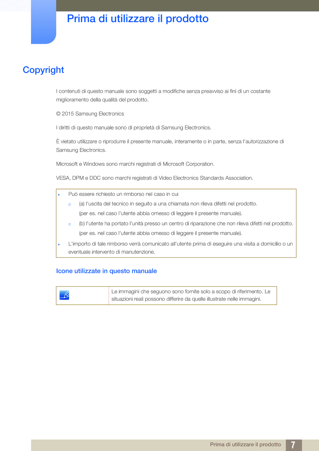 Samsung LF22FN1PFBZXEN, LF24FN1PFBZXEN Prima di utilizzare il prodotto, Copyright, Icone utilizzate in questo manuale 