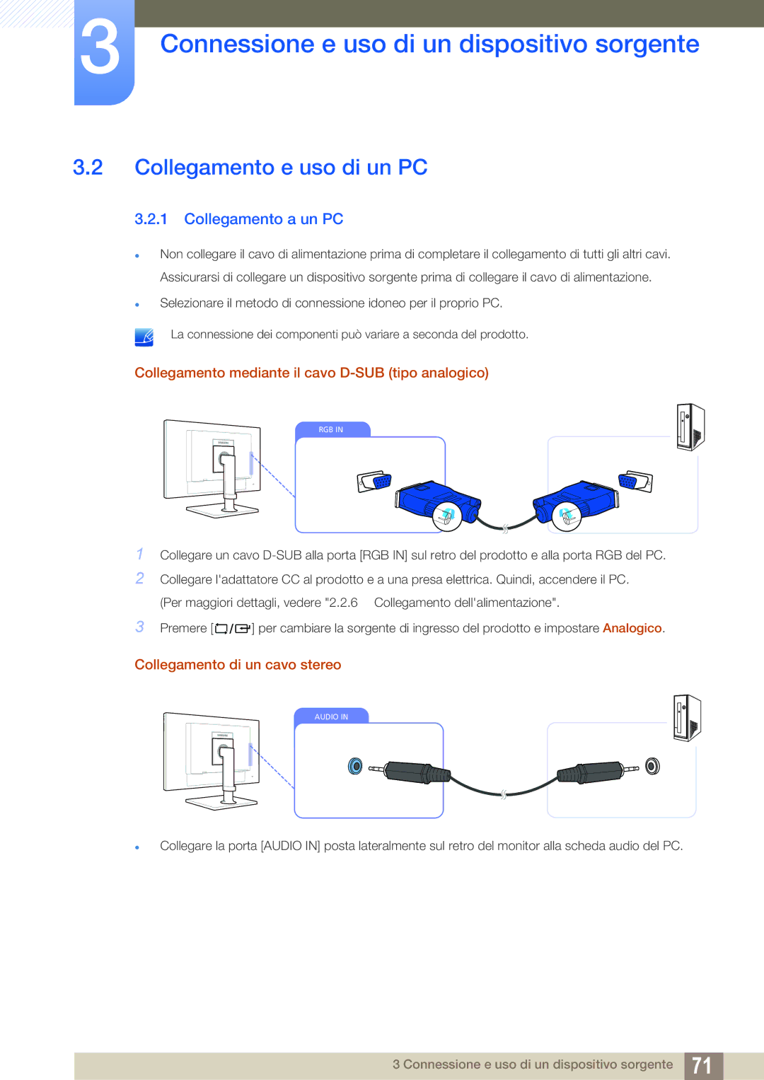 Samsung LF22FN1PFBZXEN, LF24FN1PFBZXEN Collegamento e uso di un PC, Collegamento a un PC, Collegamento di un cavo stereo 