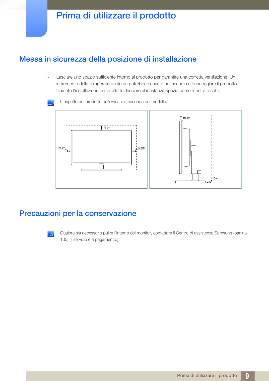 Samsung LF22FN1PFBZXEN manual Messa in sicurezza della posizione di installazione, Precauzioni per la conservazione 