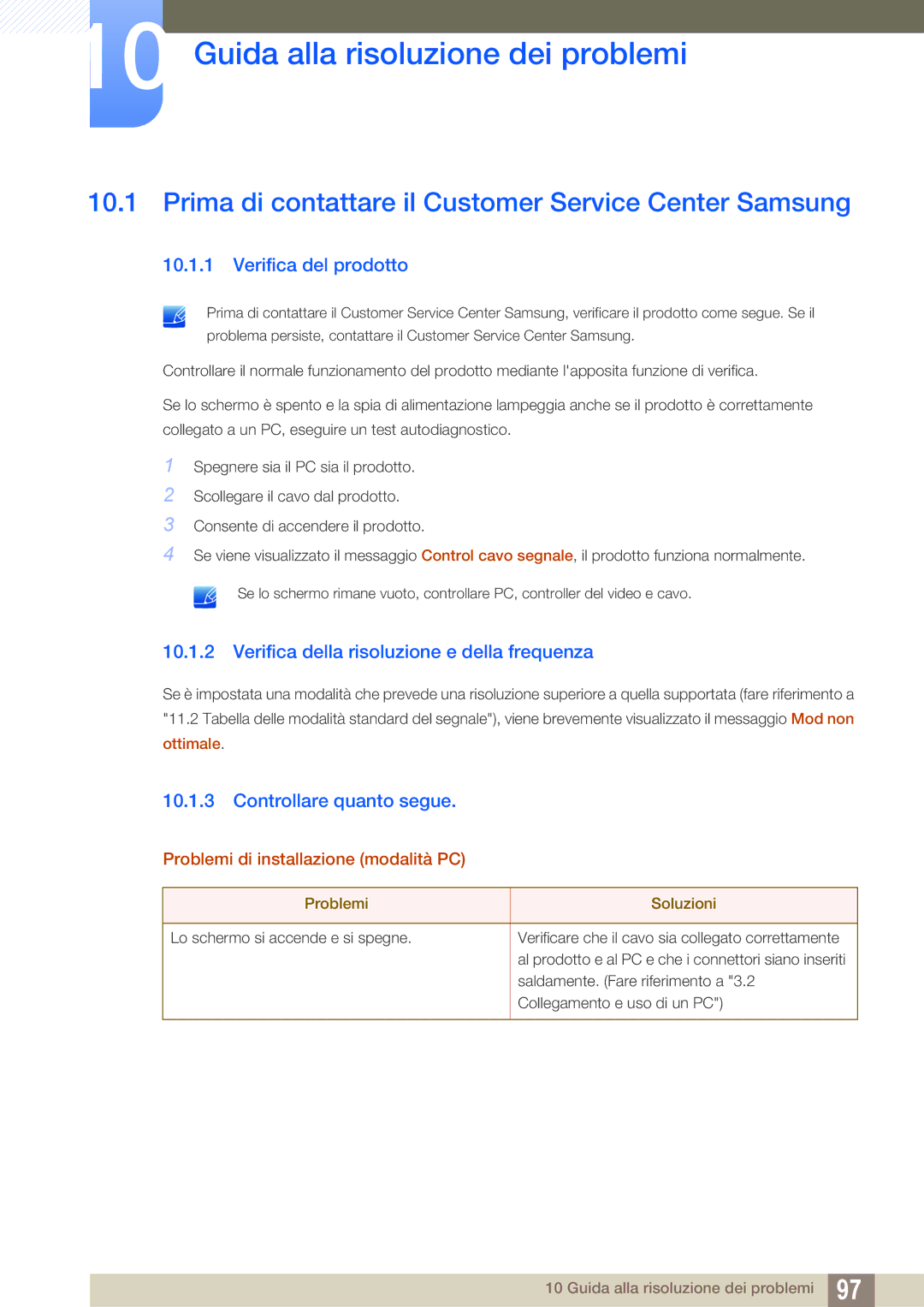 Samsung LF22FN1PFBZXEN manual Guida alla risoluzione dei problemi, Prima di contattare il Customer Service Center Samsung 