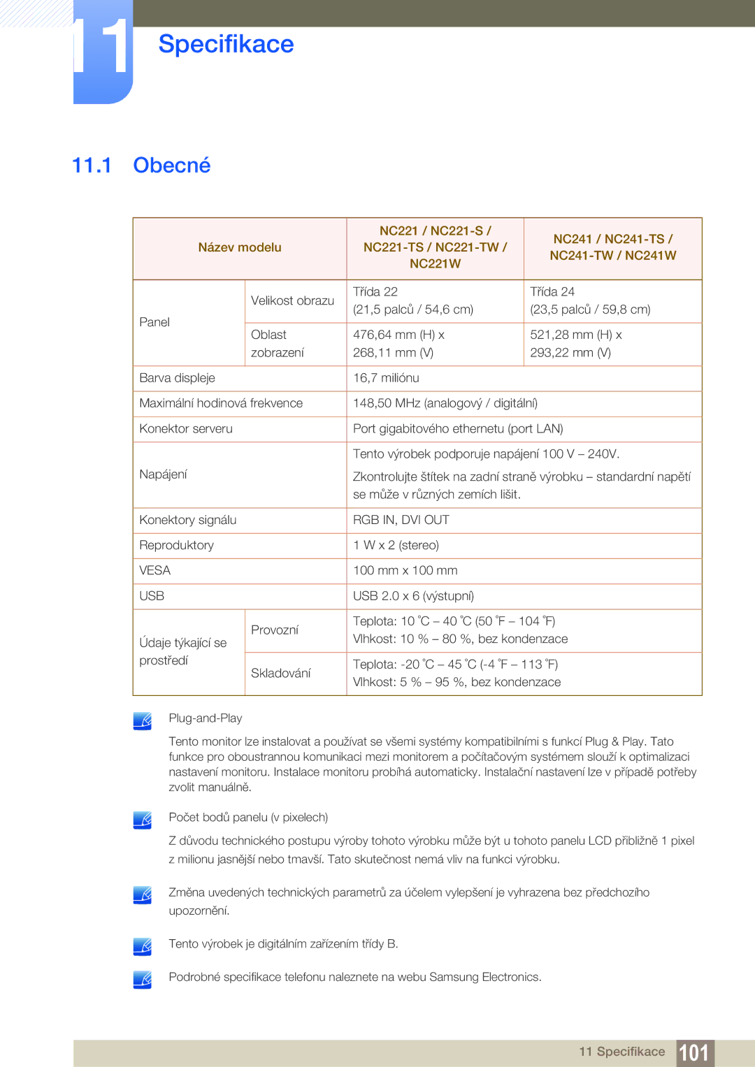 Samsung LF22FN1PFBZXEN, LF24FN1PFBZXEN manual Specifikace, Obecné 