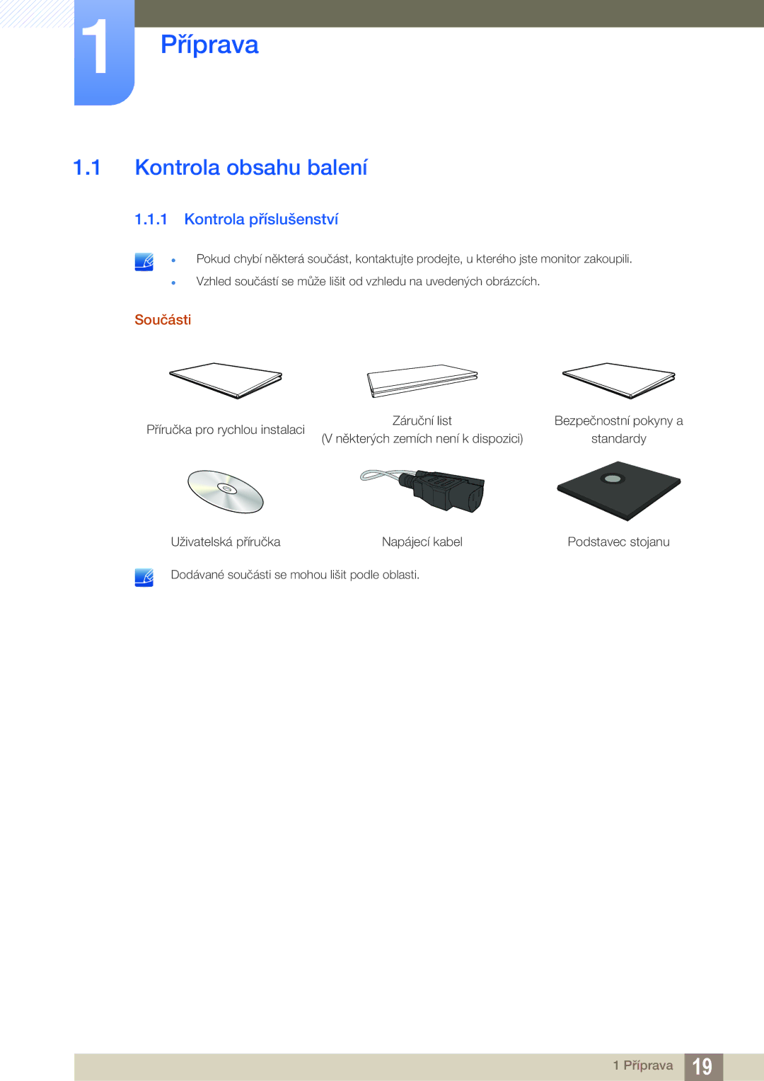 Samsung LF22FN1PFBZXEN, LF24FN1PFBZXEN manual Příprava, Kontrola obsahu balení, Kontrola příslušenství, Součásti 