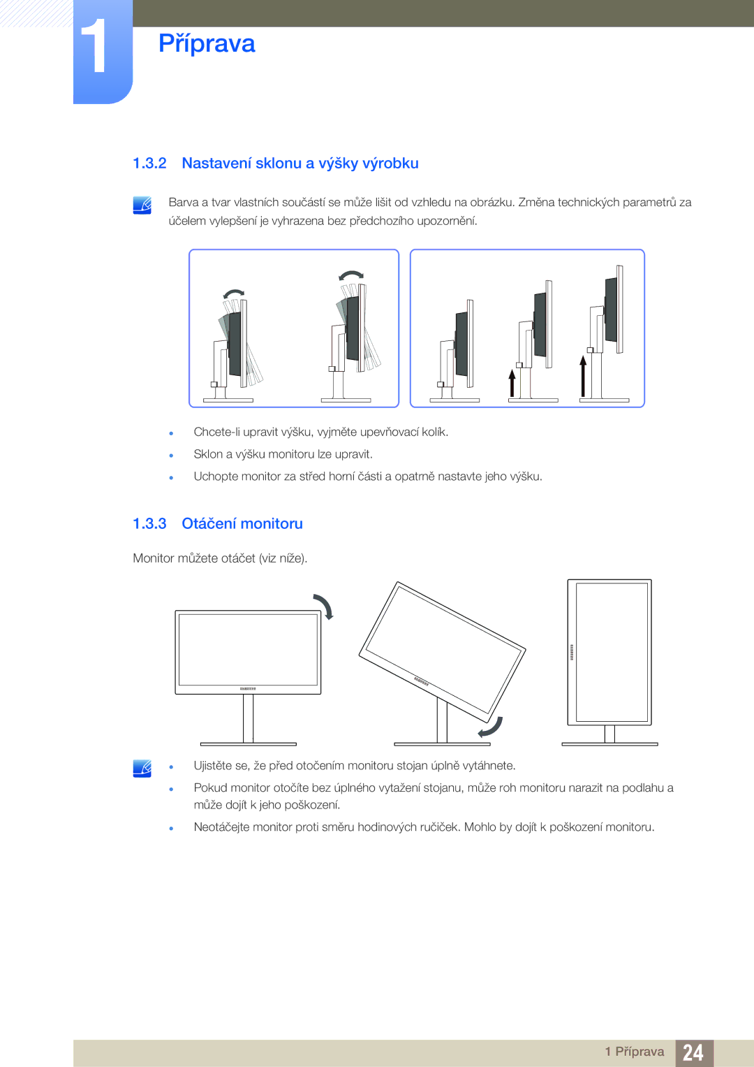 Samsung LF24FN1PFBZXEN, LF22FN1PFBZXEN manual Nastavení sklonu a výšky výrobku, 3 Otáčení monitoru 