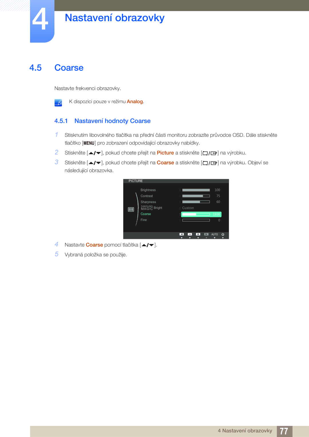 Samsung LF22FN1PFBZXEN, LF24FN1PFBZXEN manual Nastavení hodnoty Coarse 