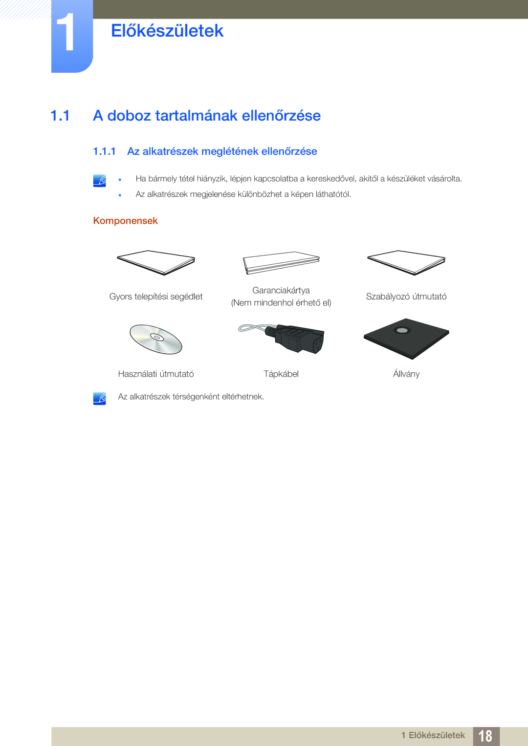 Samsung LF24FN1PFBZXEN Előkészületek, Doboz tartalmának ellenőrzése, Az alkatrészek meglétének ellenőrzése, Komponensek 