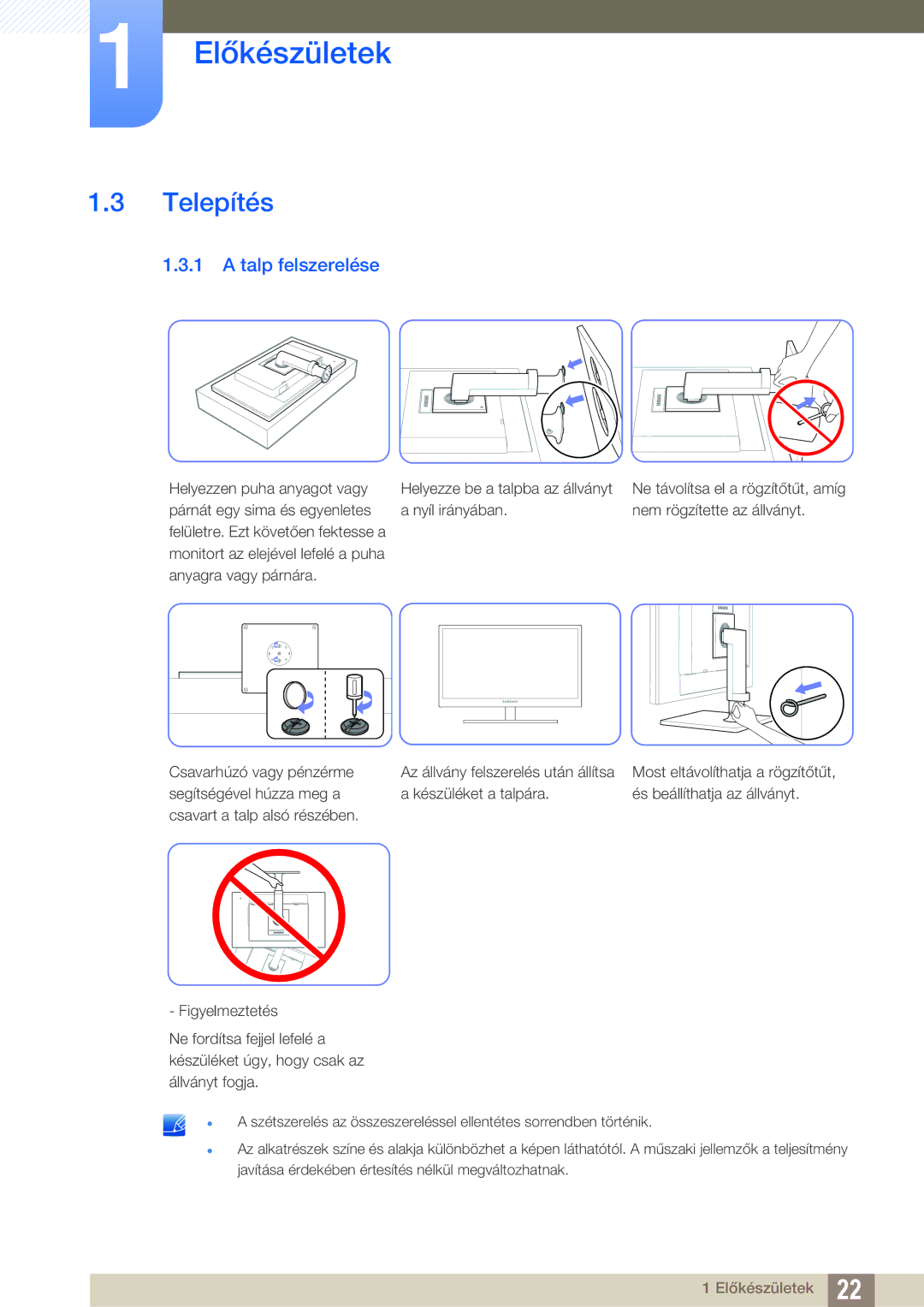 Samsung LF24FN1PFBZXEN, LF22FN1PFBZXEN manual Telepítés, Talp felszerelése 