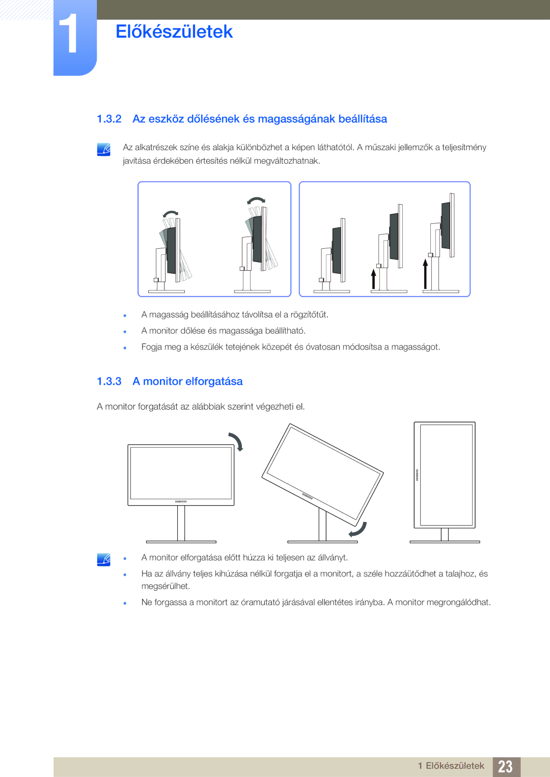 Samsung LF22FN1PFBZXEN, LF24FN1PFBZXEN manual Az eszköz dőlésének és magasságának beállítása, Monitor elforgatása 