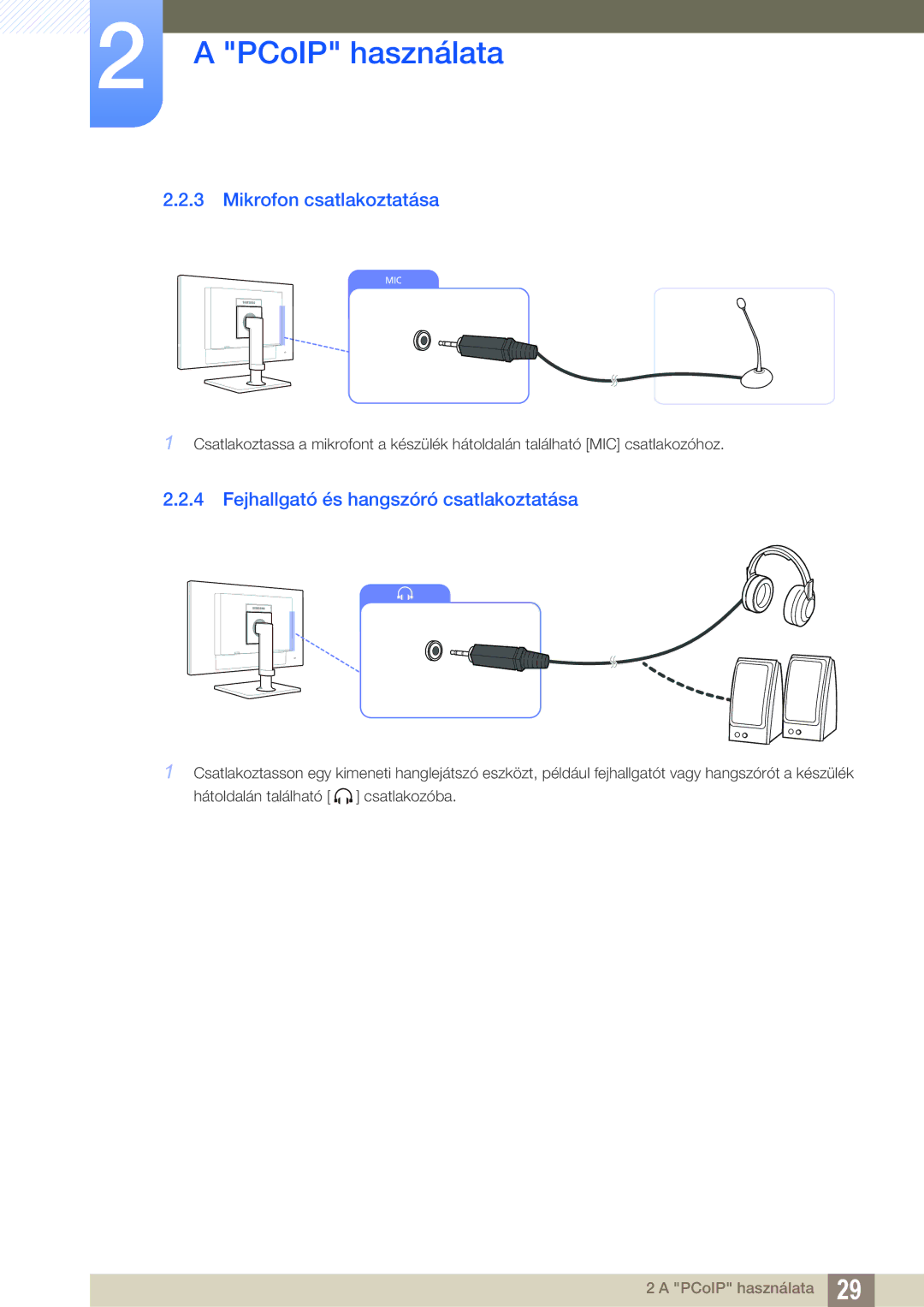 Samsung LF22FN1PFBZXEN, LF24FN1PFBZXEN manual Mikrofon csatlakoztatása, Fejhallgató és hangszóró csatlakoztatása 