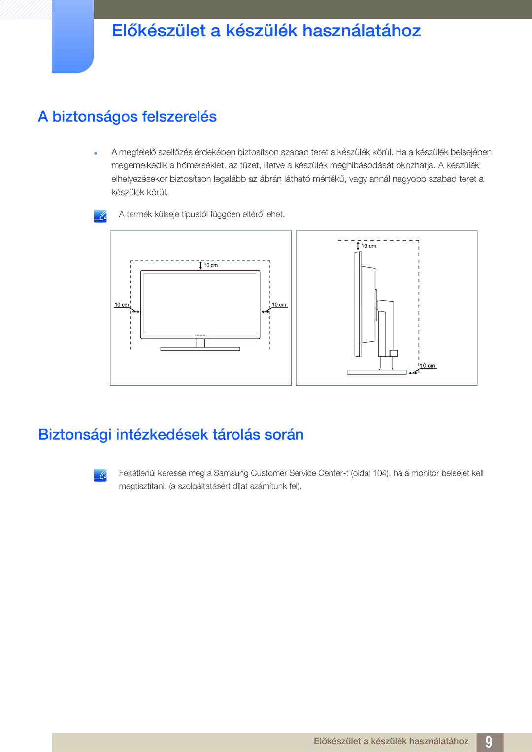 Samsung LF22FN1PFBZXEN, LF24FN1PFBZXEN manual Biztonságos felszerelés, Biztonsági intézkedések tárolás során 