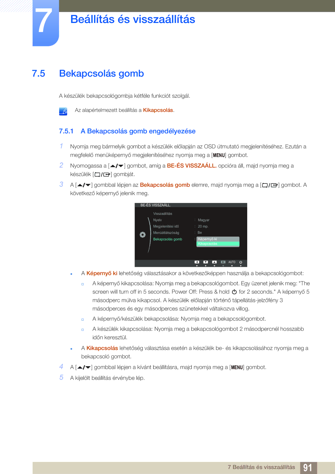 Samsung LF22FN1PFBZXEN, LF24FN1PFBZXEN manual Bekapcsolás gomb engedélyezése 