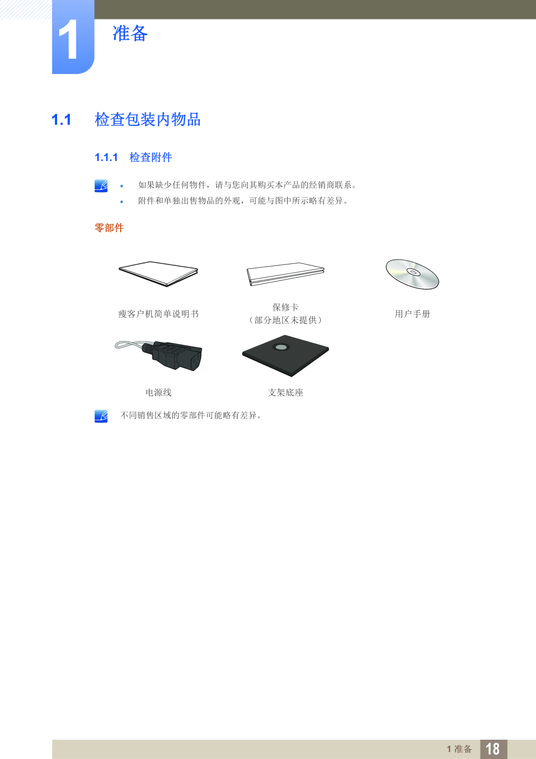 Samsung LF24FN1PFBZXEN, LF22FN1PFBZXEN manual 检查包装内物品, 1 检查附件 