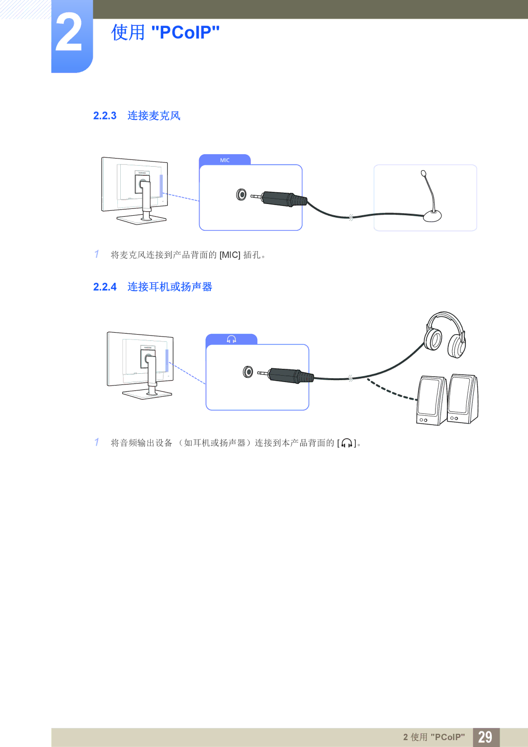 Samsung LF22FN1PFBZXEN, LF24FN1PFBZXEN manual 3 连接麦克风, 4 连接耳机或扬声器 