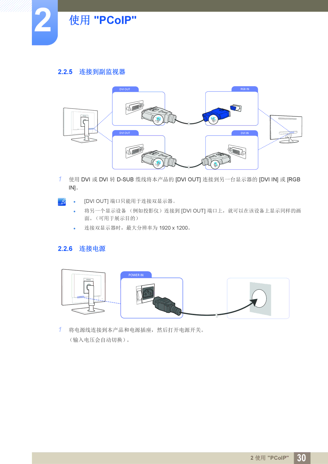 Samsung LF24FN1PFBZXEN, LF22FN1PFBZXEN manual 5 连接到副监视器, 6 连接电源 