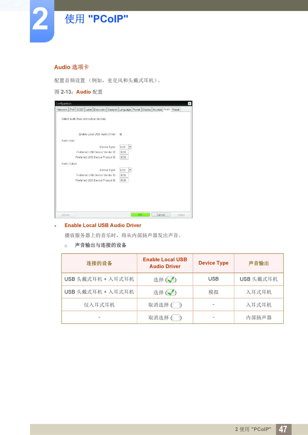 Samsung LF22FN1PFBZXEN manual Audio 选项卡, 13：Audio 配置  Enable Local USB Audio Driver, Enable Local USB Device Type 