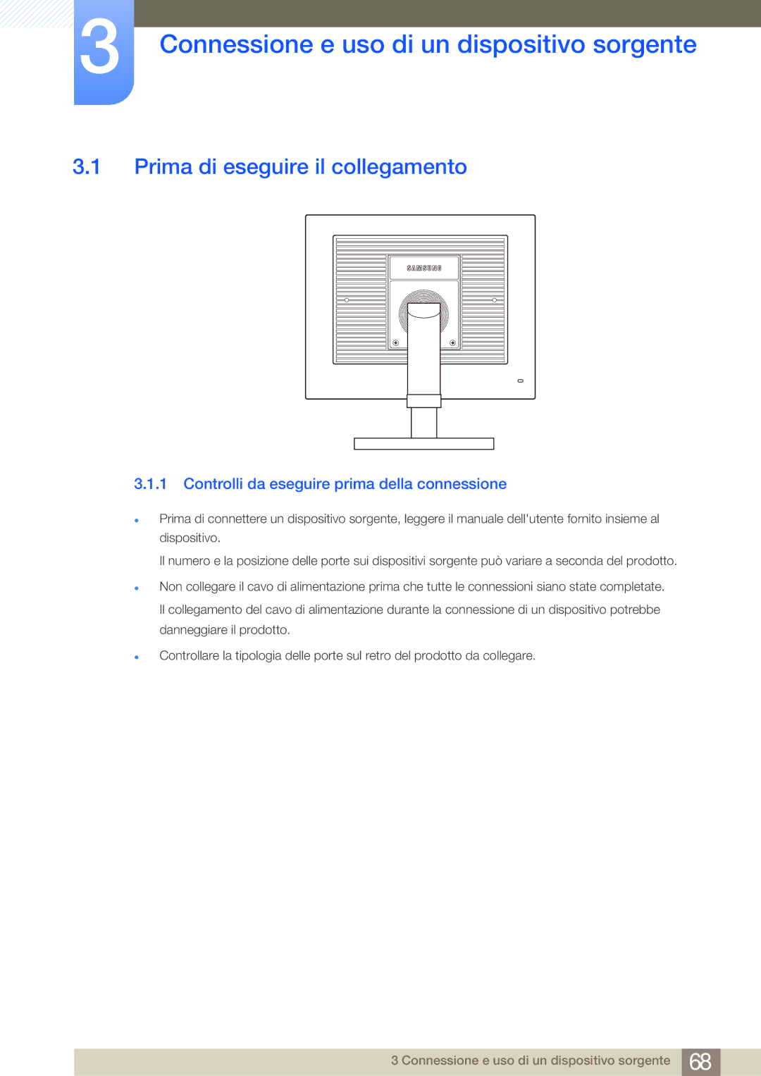 Samsung LF24FN1PFBZXEN manual Connessione e uso di un dispositivo sorgente, Prima di eseguire il collegamento 