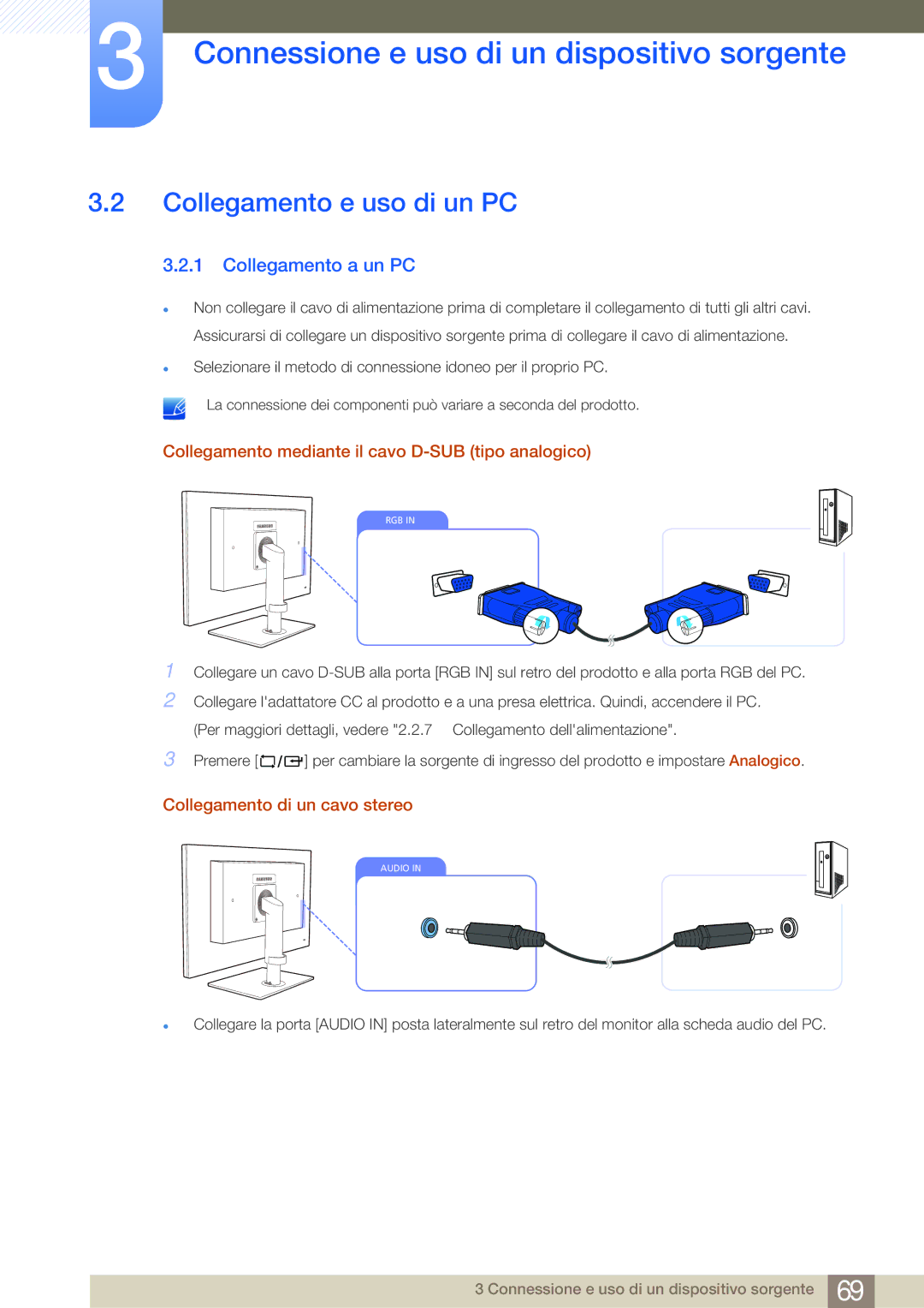 Samsung LF24FN1PFBZXEN manual Collegamento e uso di un PC, Collegamento a un PC, Collegamento di un cavo stereo 