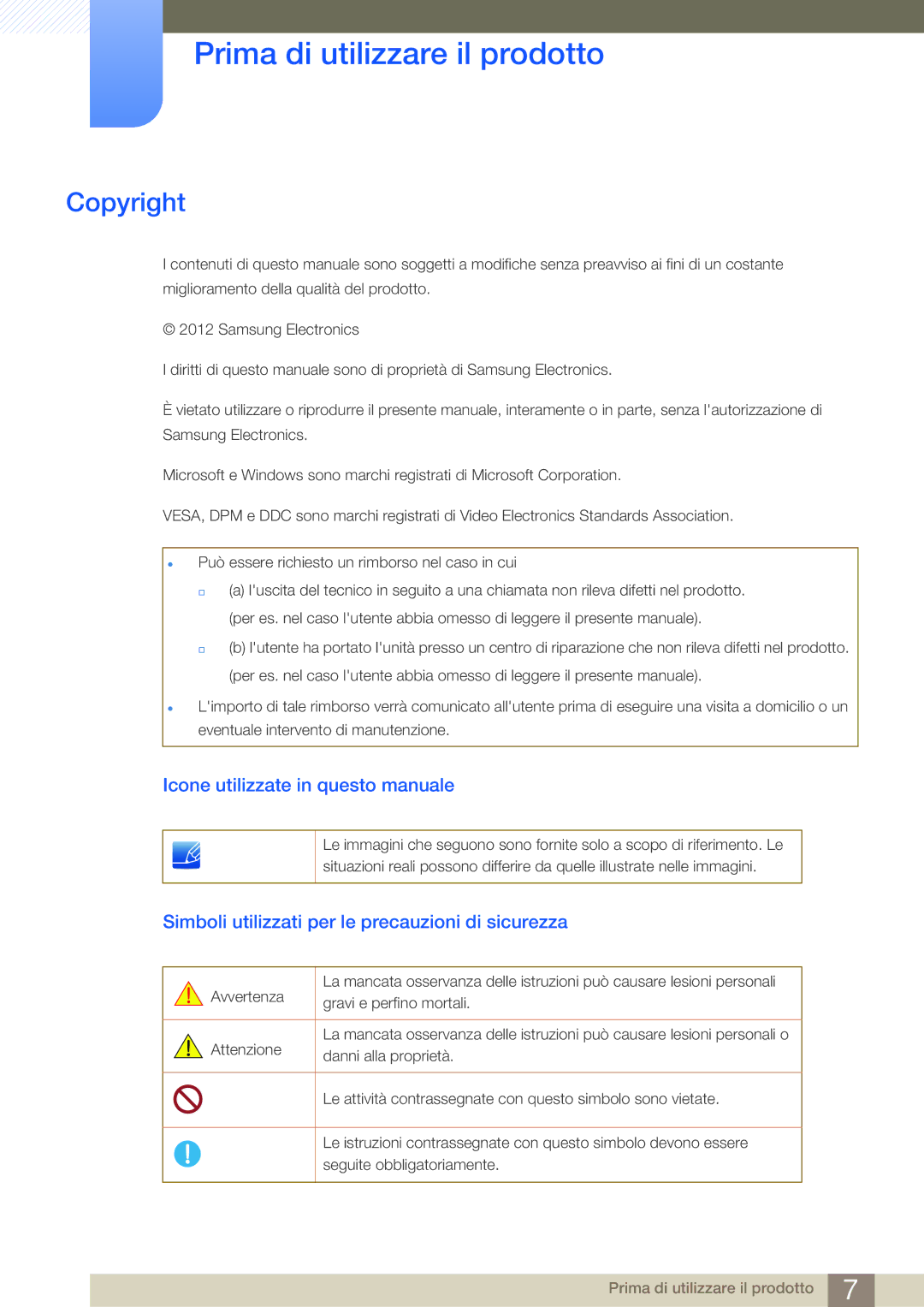 Samsung LF24FN1PFBZXEN Prima di utilizzare il prodotto, Copyright, Icone utilizzate in questo manuale 