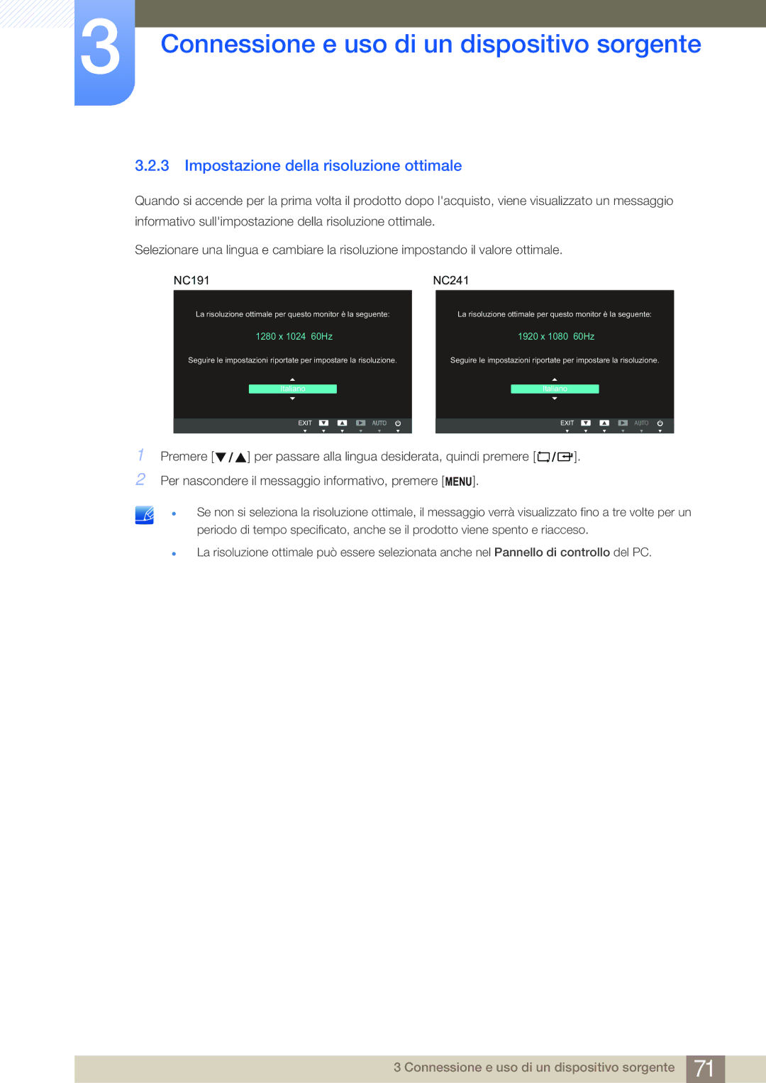 Samsung LF24FN1PFBZXEN manual Impostazione della risoluzione ottimale, NC191 NC241 