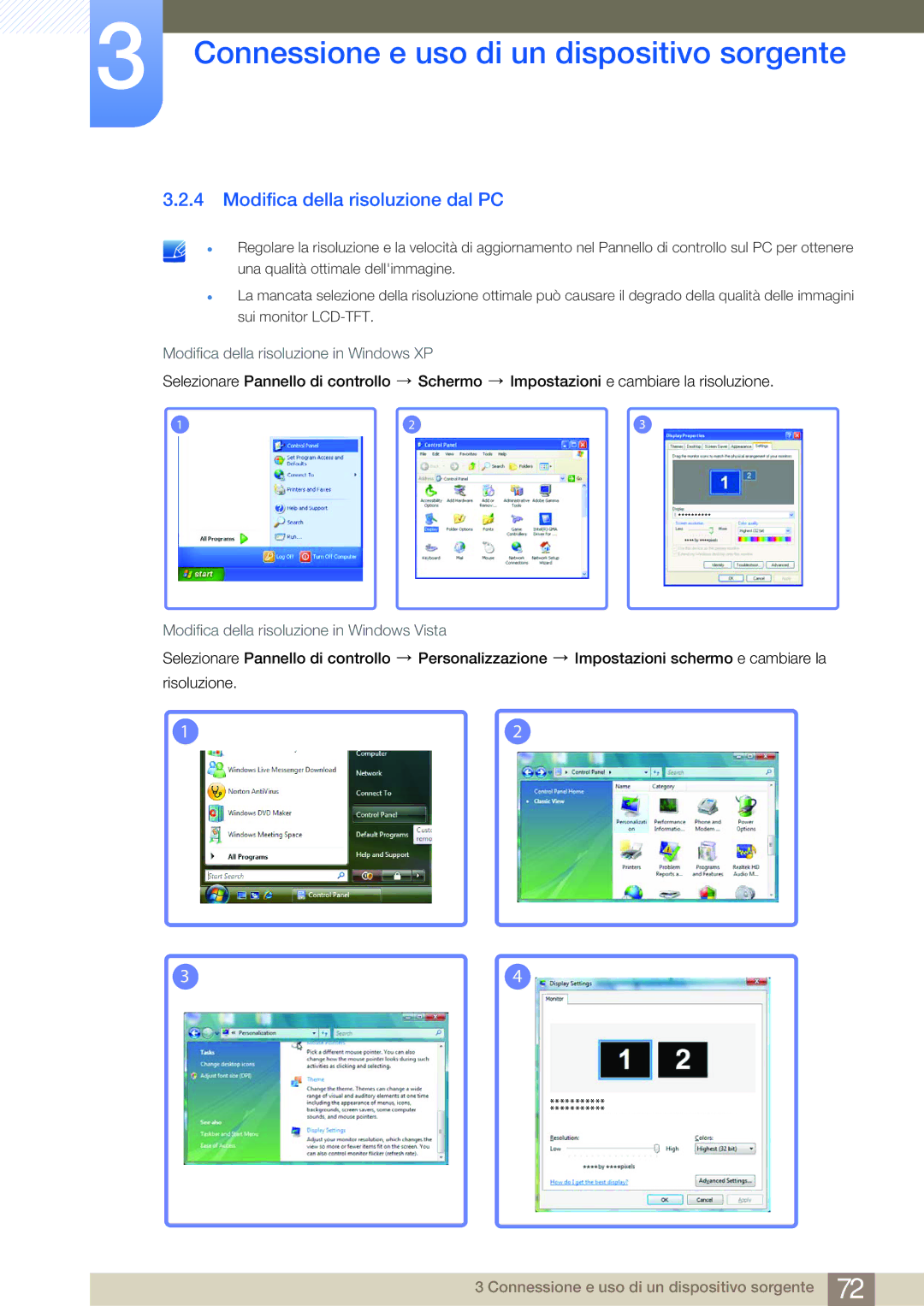 Samsung LF24FN1PFBZXEN manual Modifica della risoluzione dal PC, Modifica della risoluzione in Windows Vista 