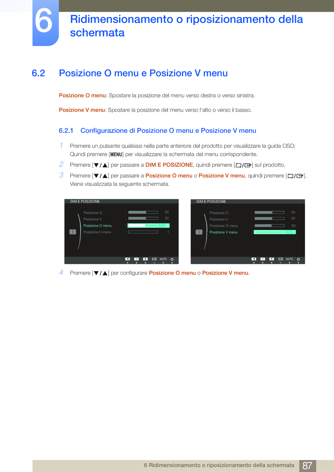 Samsung LF24FN1PFBZXEN manual Configurazione di Posizione O menu e Posizione V menu 