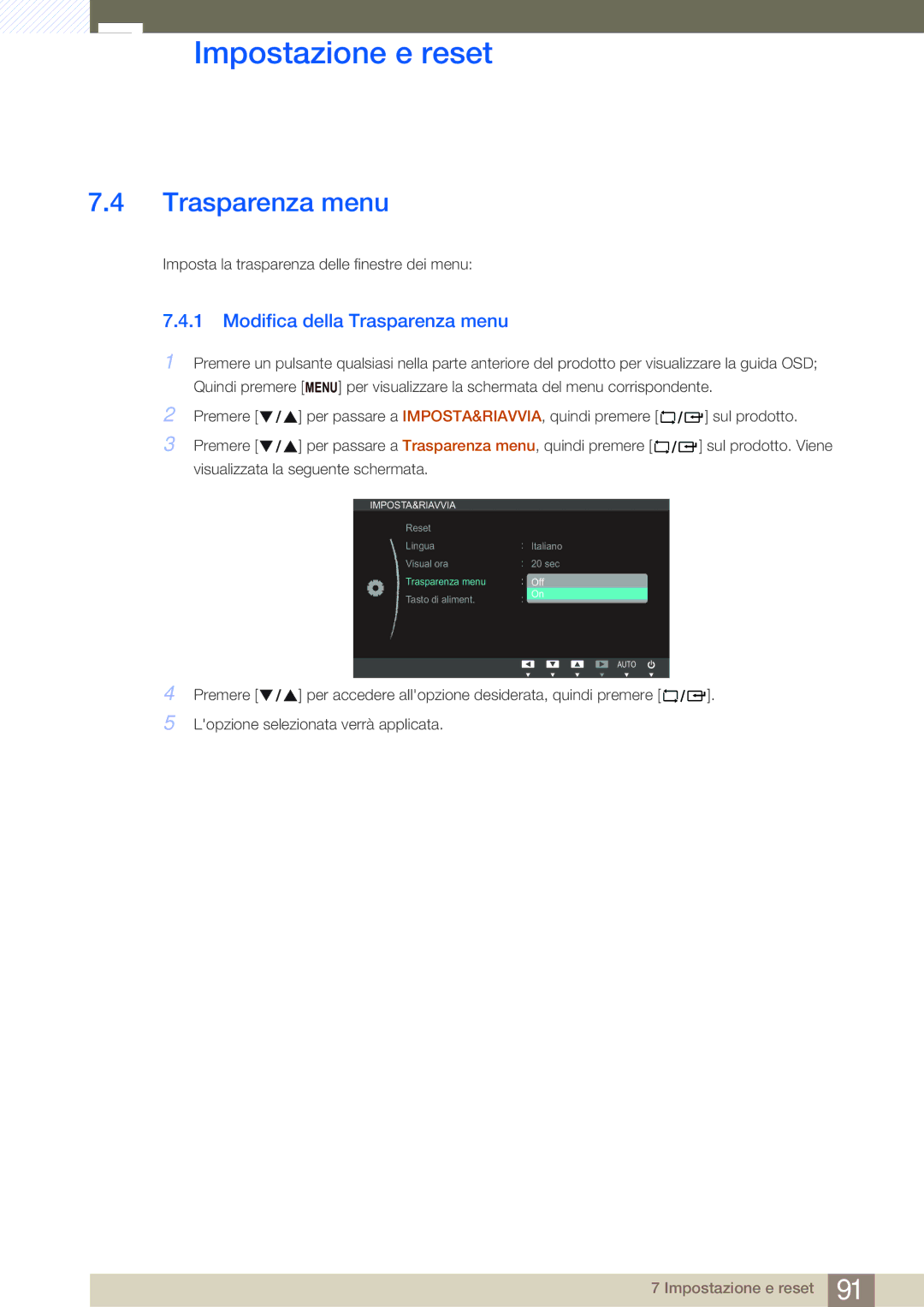 Samsung LF24FN1PFBZXEN manual Modifica della Trasparenza menu 