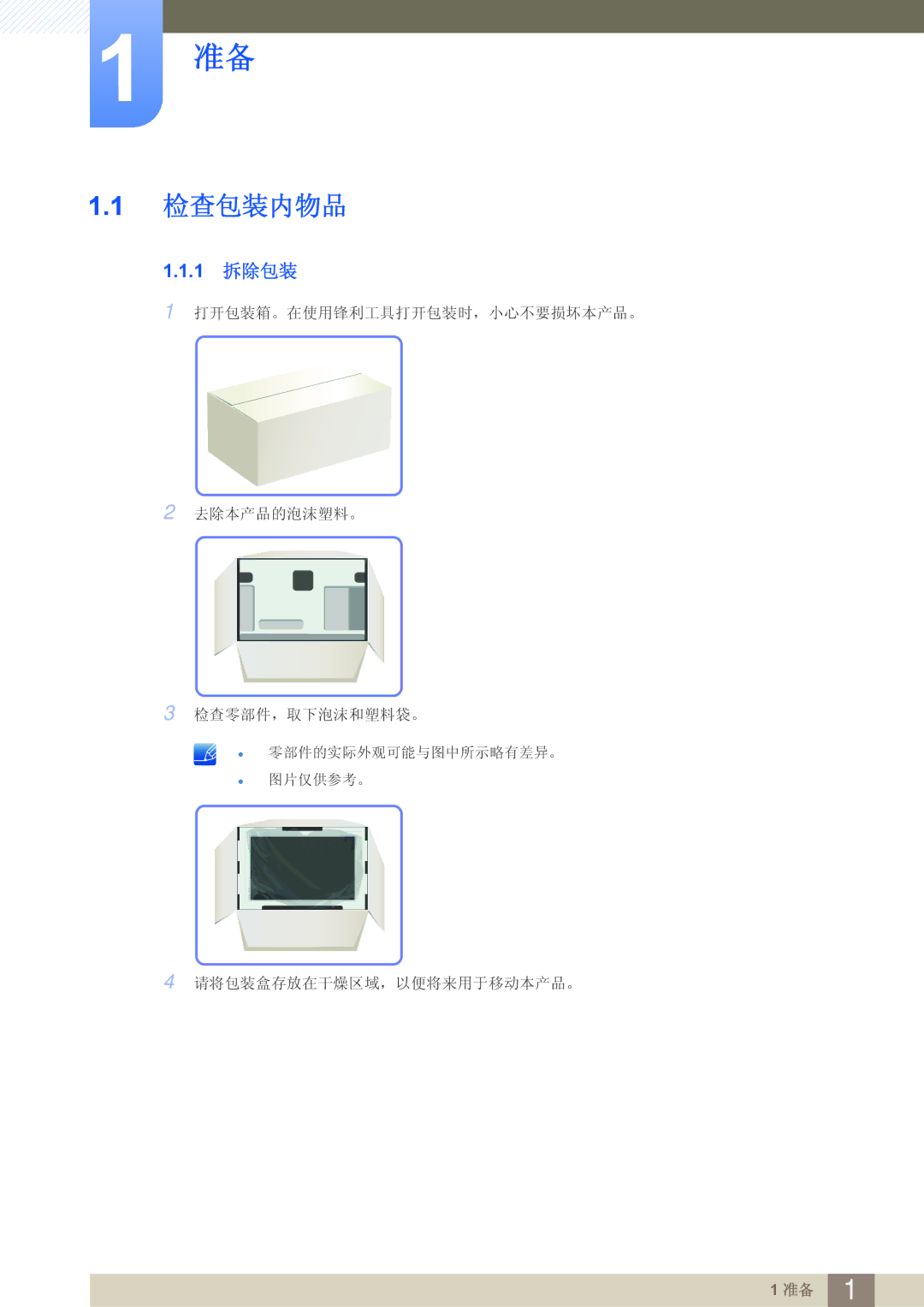 Samsung LF24FN1PFBZXEN manual 检查包装内物品, 1 拆除包装 