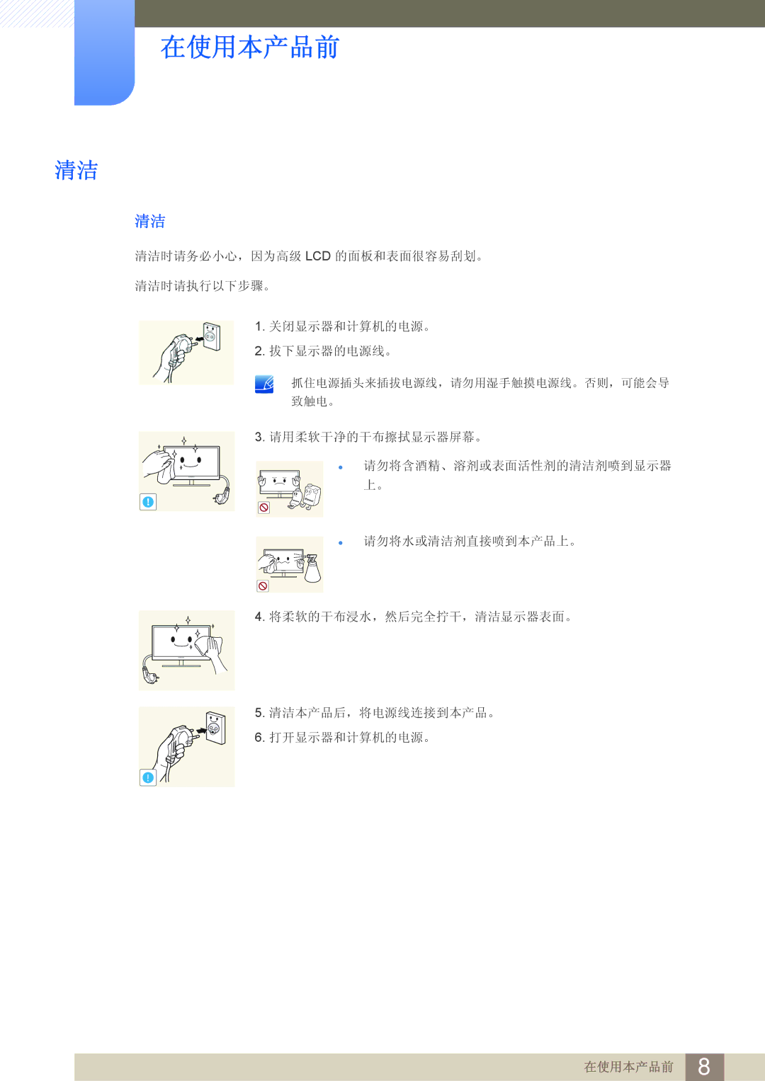 Samsung LF24FN1PFBZXEN manual 抓住电源插头来插拔电源线，请勿用湿手触摸电源线。否则，可能会导 致触电。 