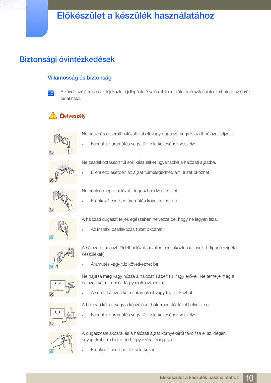 Samsung LF24FN1PFBZXEN manual Biztonsági óvintézkedések, Villamosság és biztonság, Életveszély 