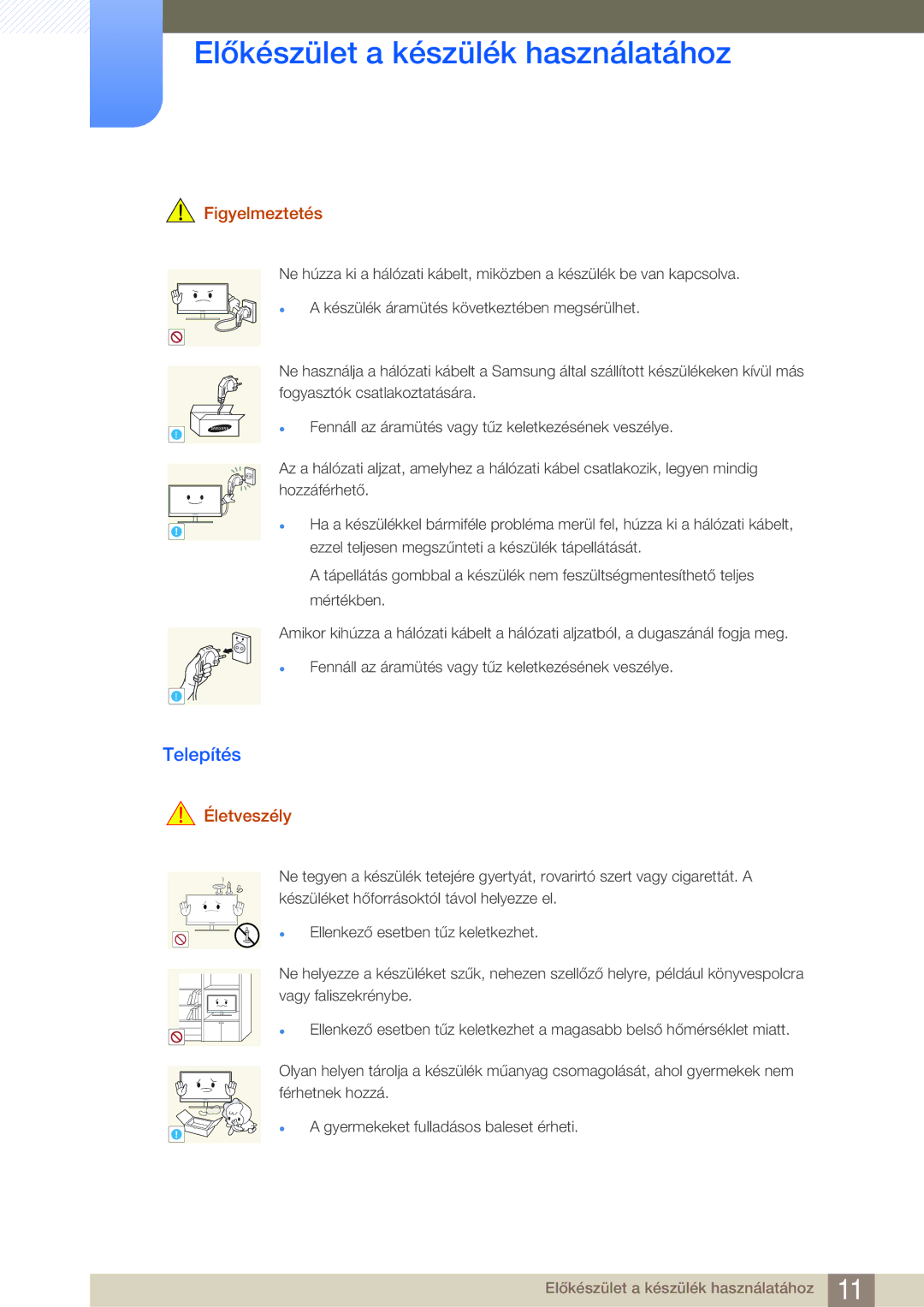 Samsung LF24FN1PFBZXEN manual Telepítés, Figyelmeztetés 