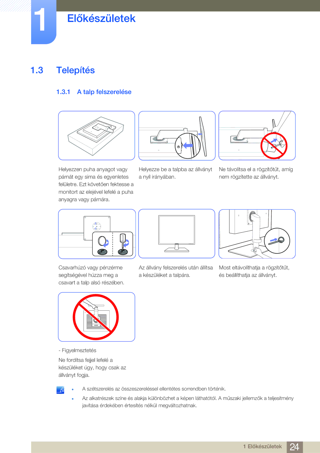 Samsung LF24FN1PFBZXEN manual Telepítés, Talp felszerelése 