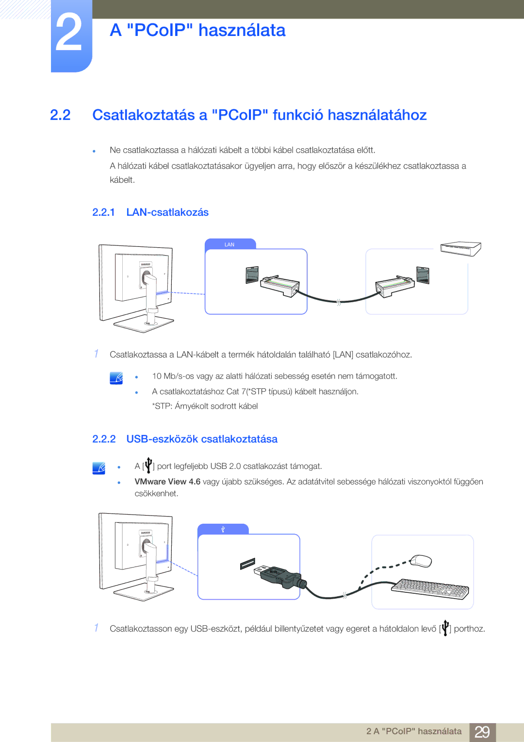 Samsung LF24FN1PFBZXEN manual Csatlakoztatás a PCoIP funkció használatához, LAN-csatlakozás, USB-eszközök csatlakoztatása 